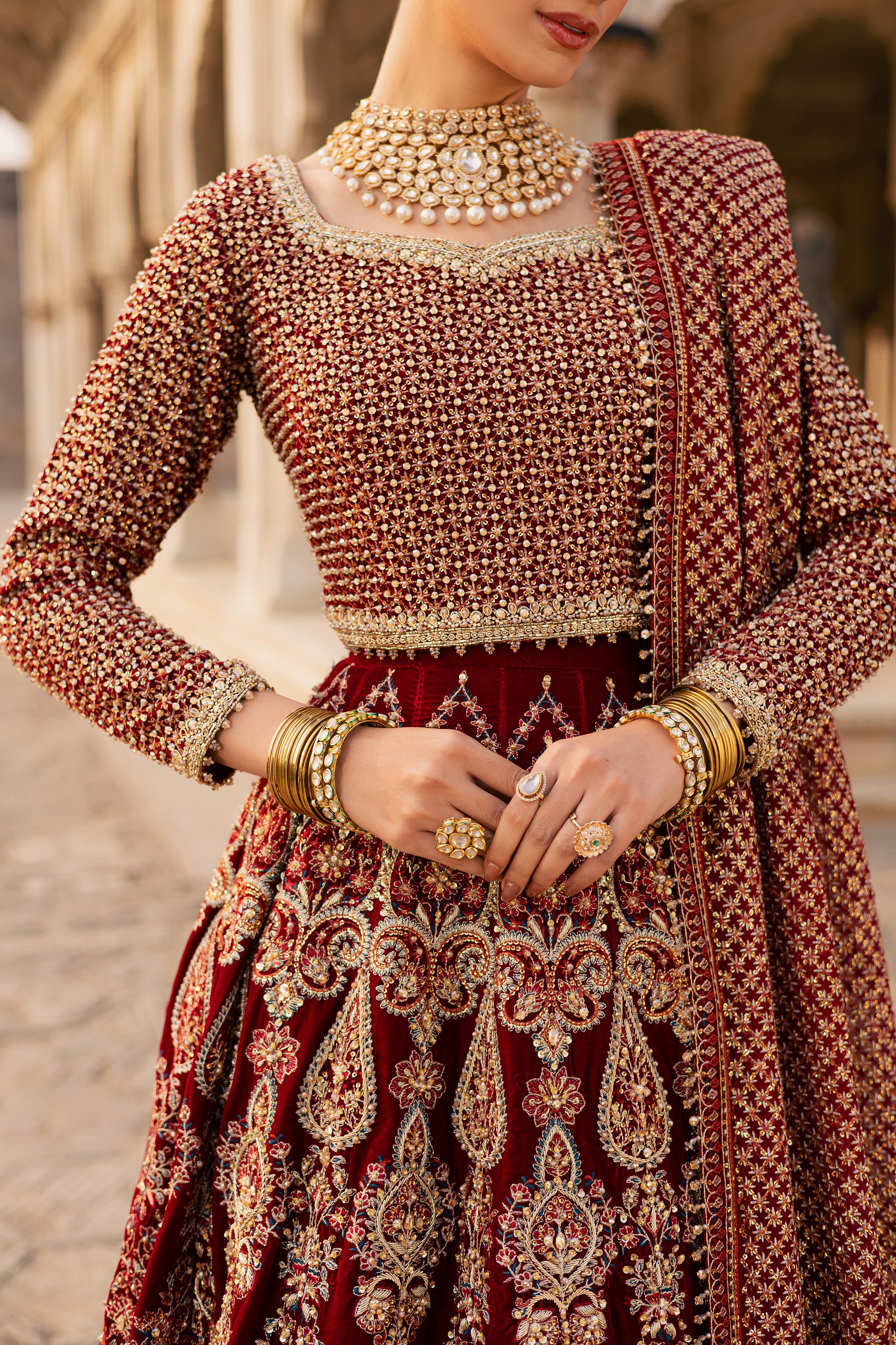 Laaj 3Pc - Bridal Dress BATIKSTUDIO2025 BATIK S / Maroon / Velvet-M / Maroon / Velvet-L / Maroon / Velvet