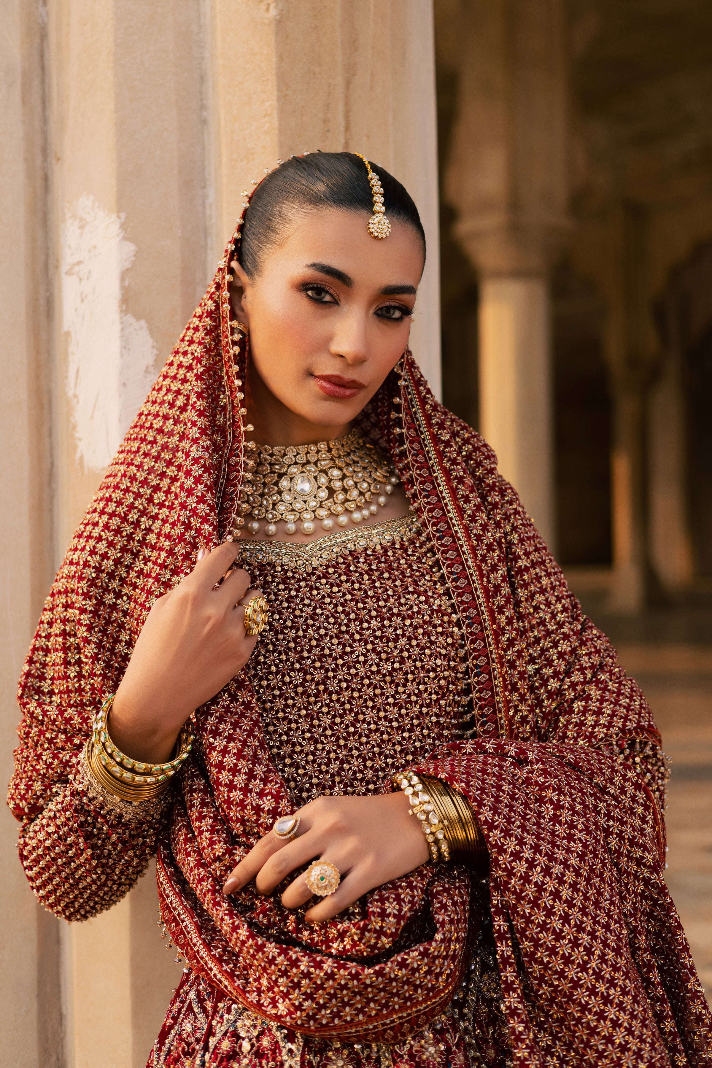 Laaj 3Pc - Bridal Dress BATIKSTUDIO2025 BATIK S / Maroon / Velvet-M / Maroon / Velvet-L / Maroon / Velvet