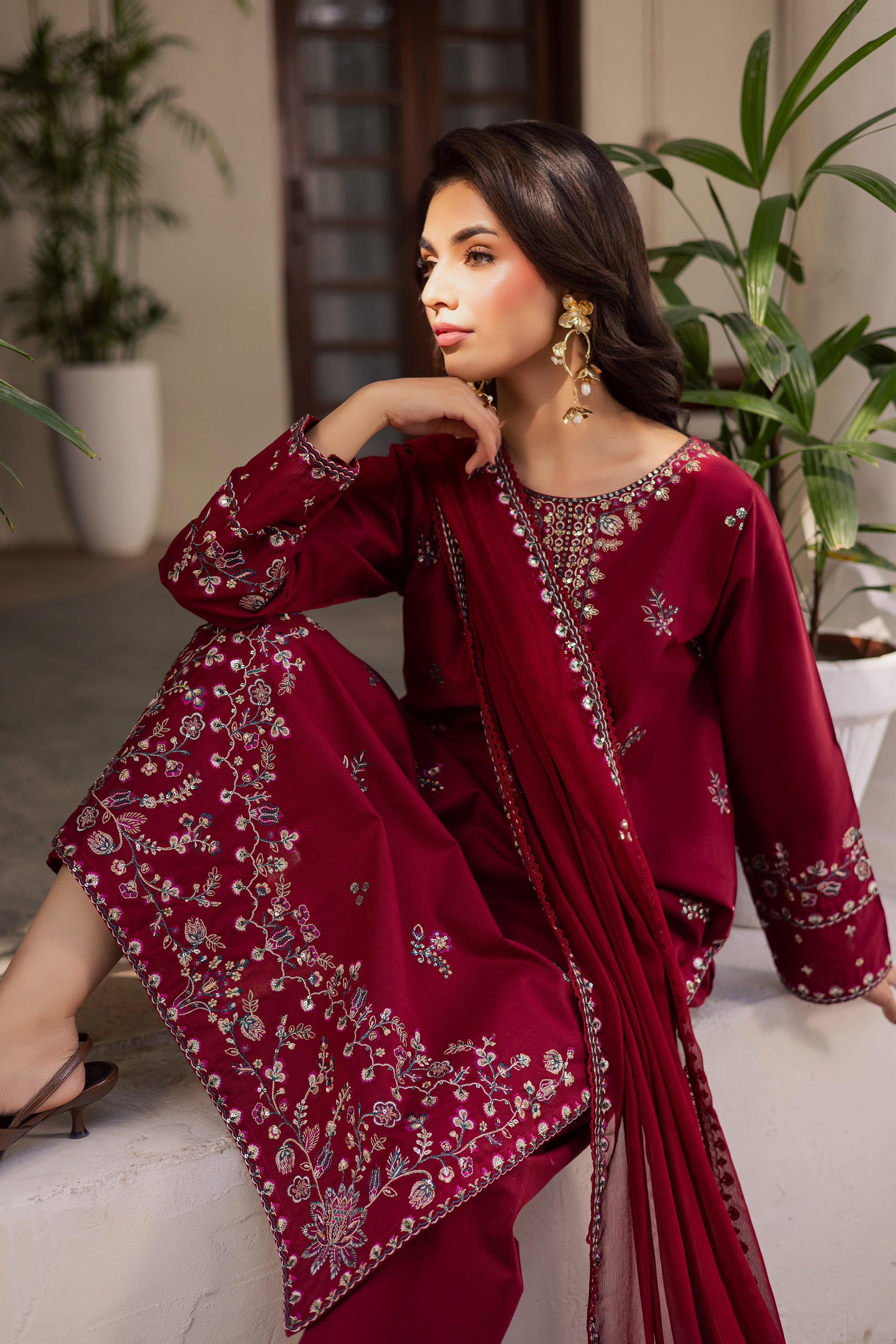 Lail 3Pc - Embroidered Khaddar Dress BATIK WINTER PRET 2025 BATIK XS / Tyrian / Khaddar-S / Tyrian / Khaddar-M / Tyrian / Khaddar-L / Tyrian / Khaddar-XL / Tyrian / Khaddar