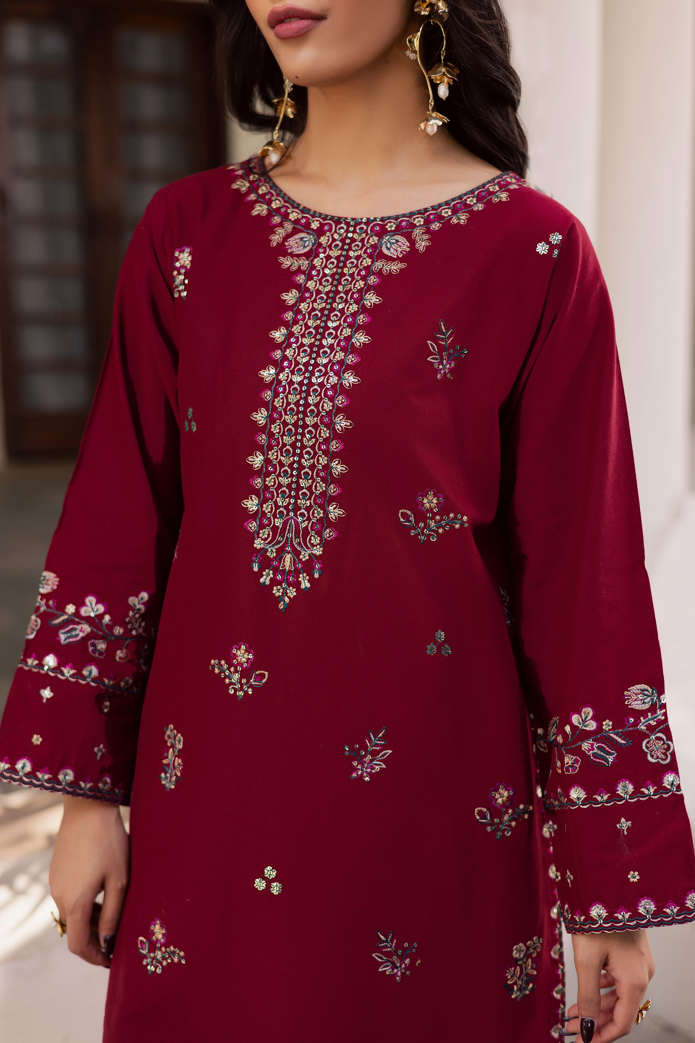 Lail 3Pc - Embroidered Khaddar Dress BATIK WINTER PRET 2025 BATIK XS / Tyrian / Khaddar-S / Tyrian / Khaddar-M / Tyrian / Khaddar-L / Tyrian / Khaddar-XL / Tyrian / Khaddar