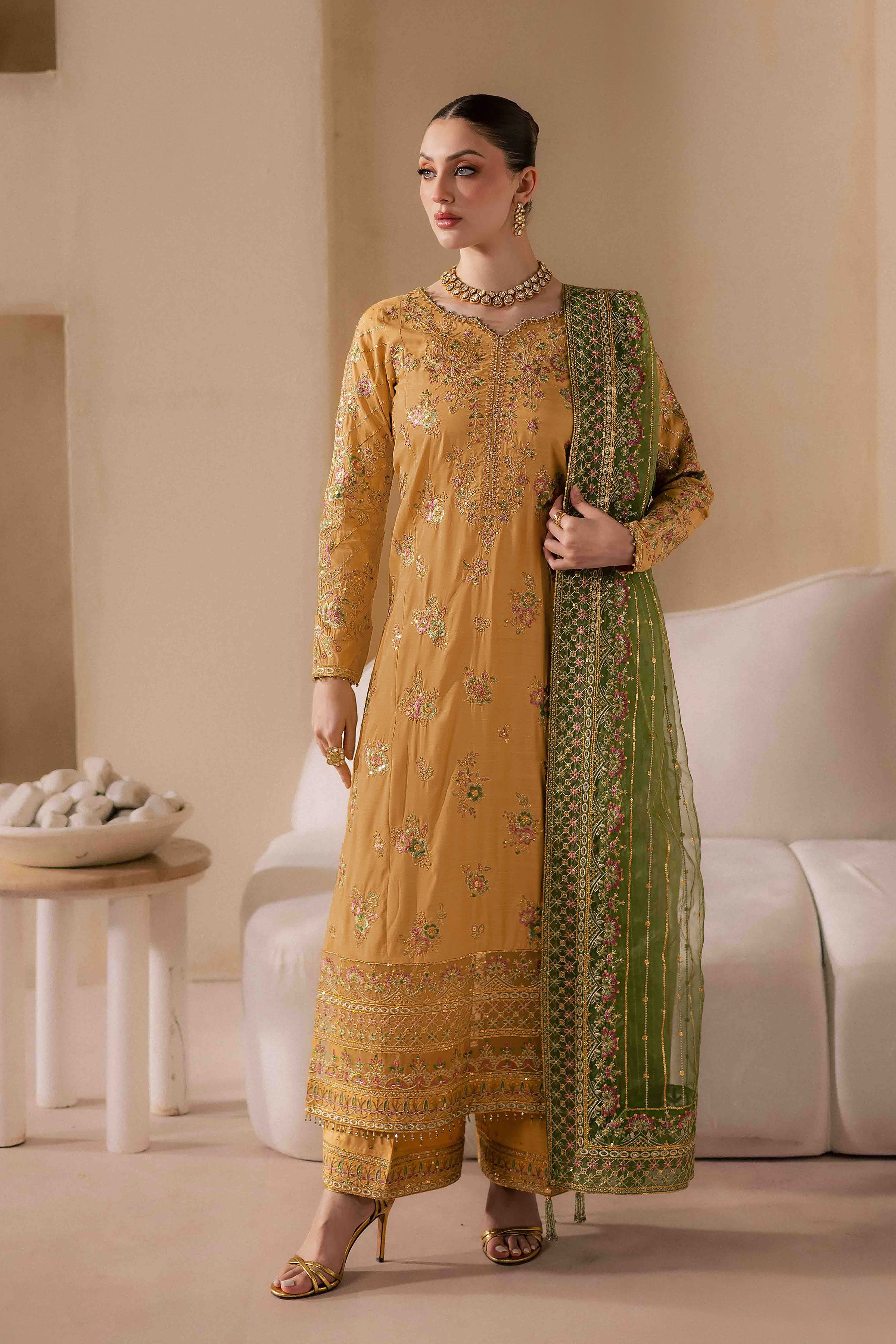 Lailomah 3Pc - Embroidered Luxe Pret BATIKLuxePRET2025 BATIK XS / Yellow / Organza & Raw Silk-S / Yellow / Organza & Raw Silk-M / Yellow / Organza & Raw Silk-L / Yellow / Organza & Raw Silk-XL / Yellow / Organza & Raw Silk