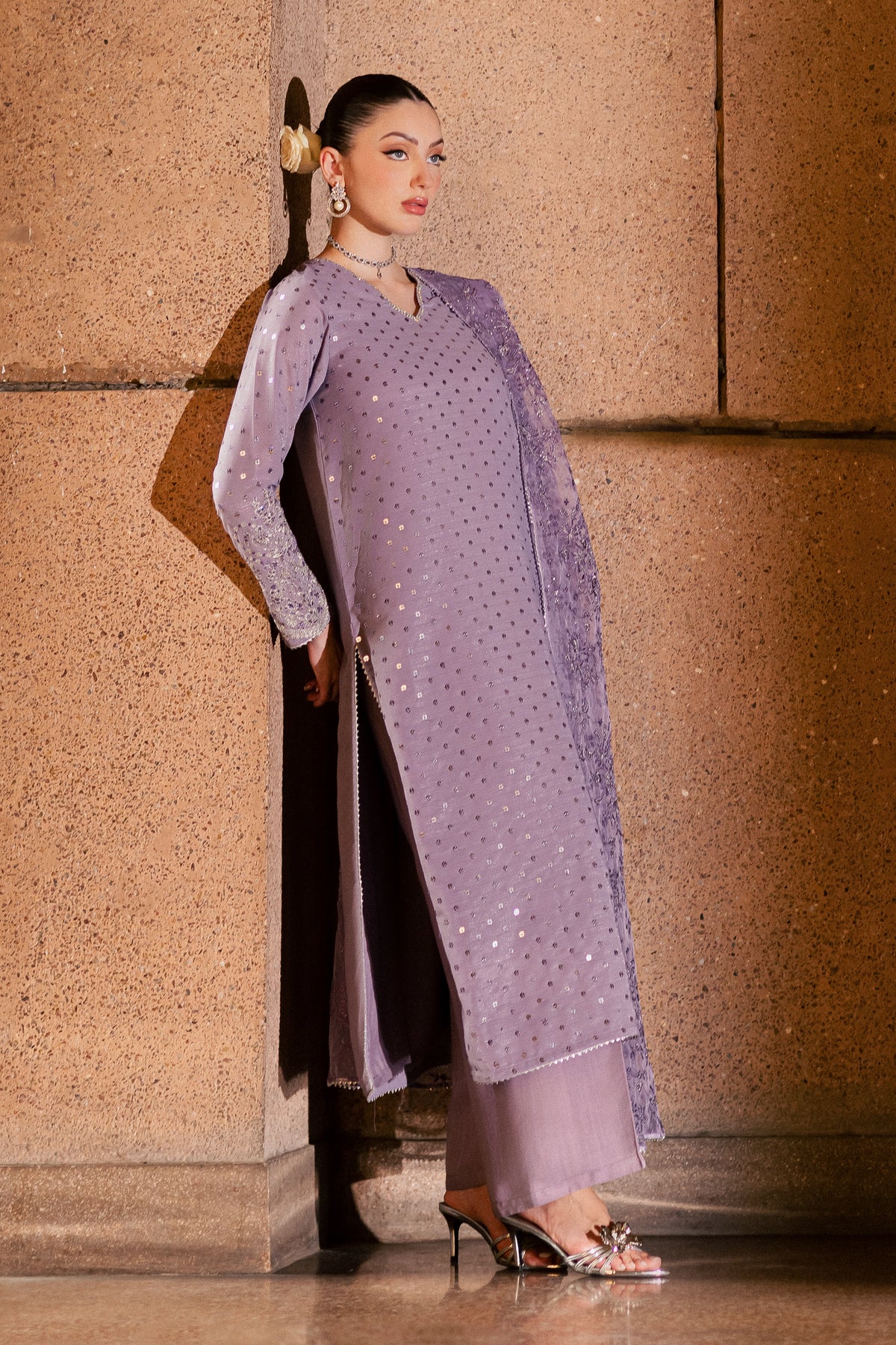 Lavender Zale 3Pc - Festive Luxe Pret BATIKLUXOCT26 BATIK XS / Lavender / Zari Crinkle