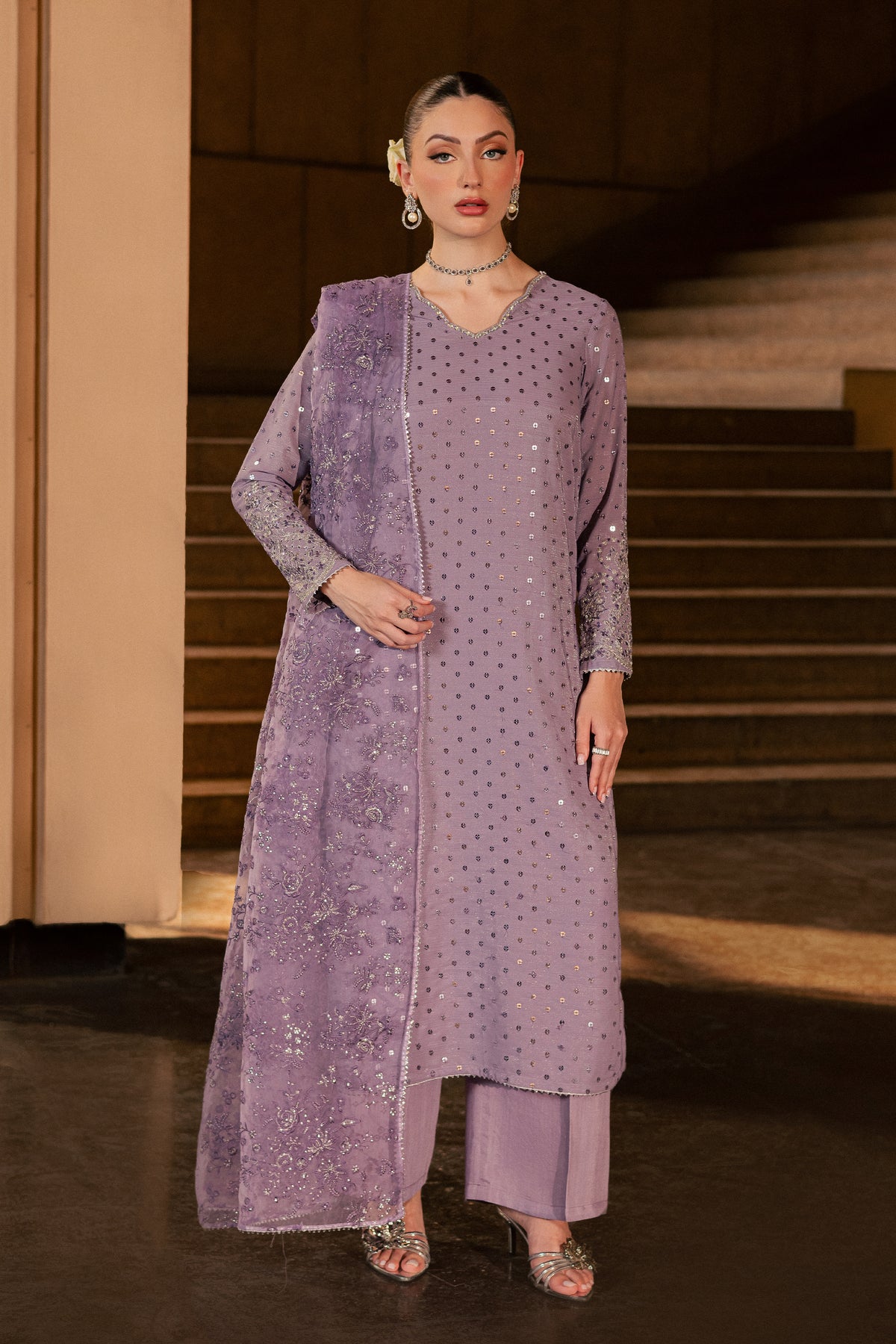 Lavender Zale 3Pc - Festive Luxe Pret BATIKLUXOCT26 BATIK XS / Lavender / Zari Crinkle