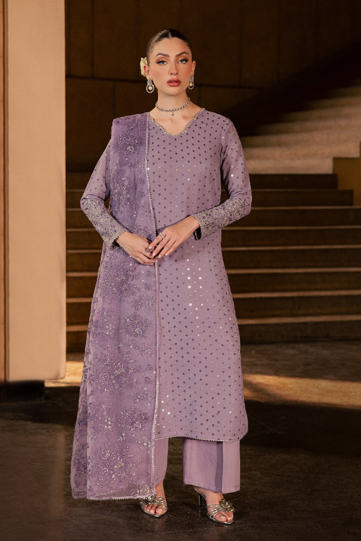 Lavender Zale 3Pc - Festive Luxe Pret BATIKLUXOCT26 BATIK XS / Lavender / Zari Crinkle