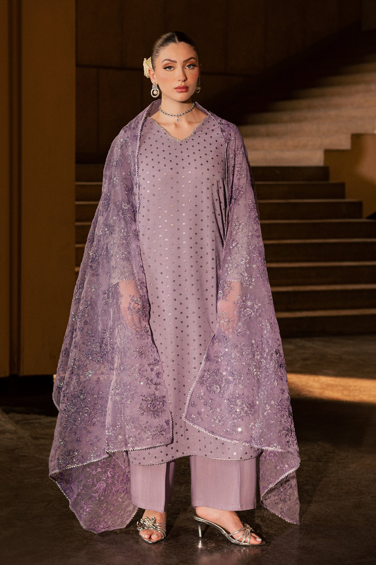 Lavender Zale 3Pc - Festive Luxe Pret BATIKLUXOCT26 BATIK XS / Lavender / Zari Crinkle