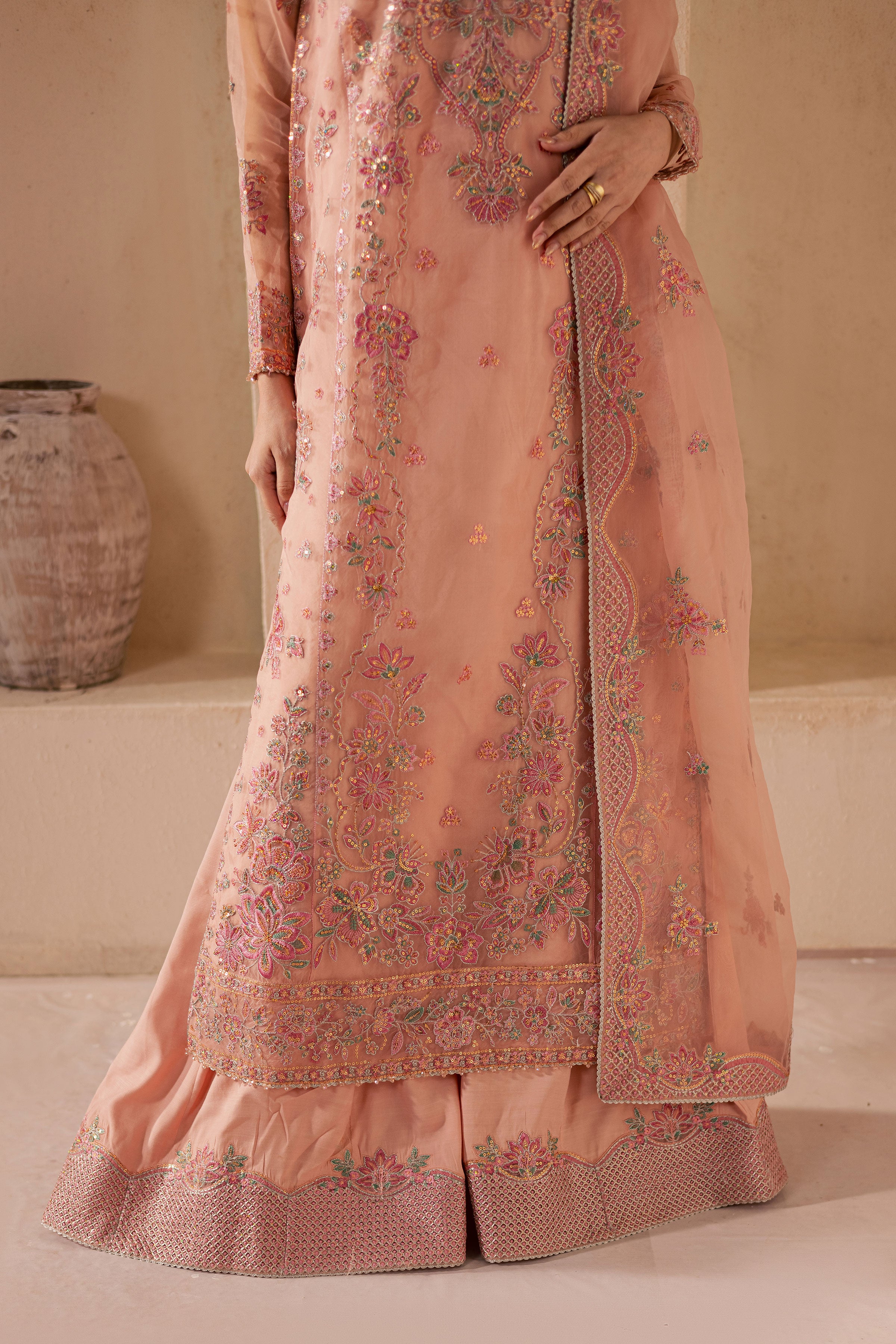 Leela 3Pc - Embroidered Luxe Pret BATIKLuxePRET2025 BATIK XS / Peachie Pink / Organza & Raw Silk-S / Peachie Pink / Organza & Raw Silk-M / Peachie Pink / Organza & Raw Silk-L / Peachie Pink / Organza & Raw Silk-XL / Peachie Pink / Organza & Raw Silk