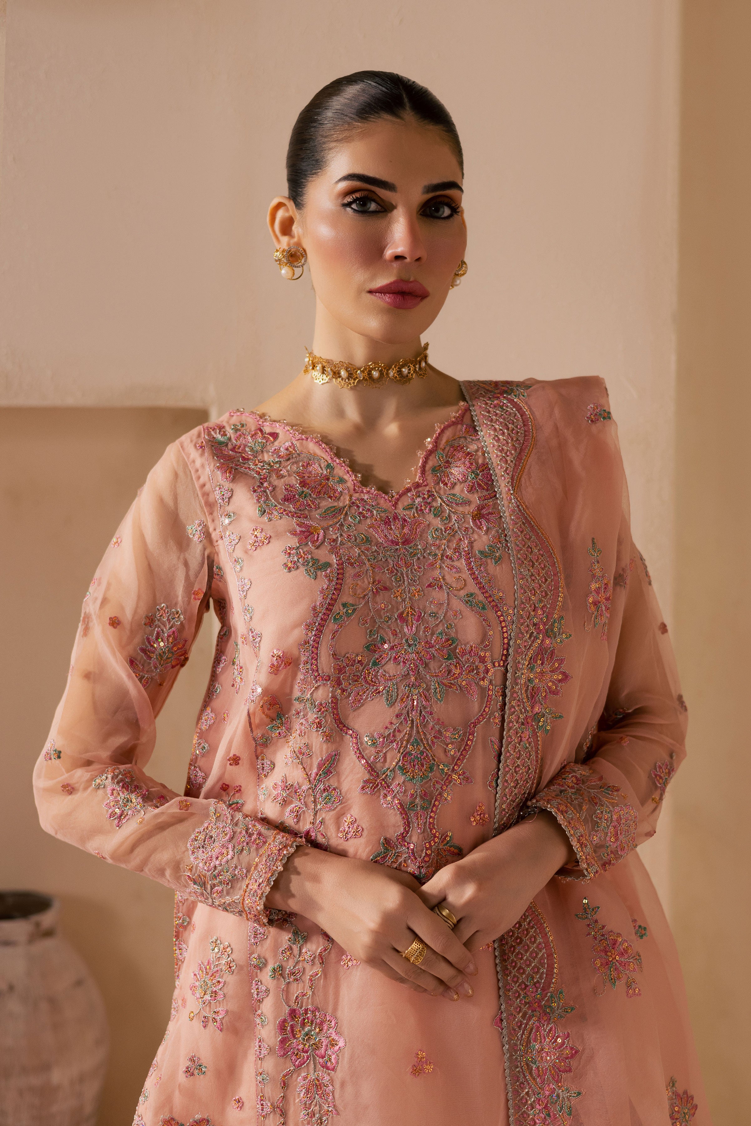 Leela 3Pc - Embroidered Luxe Pret BATIKLuxePRET2025 BATIK XS / Peachie Pink / Organza & Raw Silk-S / Peachie Pink / Organza & Raw Silk-M / Peachie Pink / Organza & Raw Silk-L / Peachie Pink / Organza & Raw Silk-XL / Peachie Pink / Organza & Raw Silk