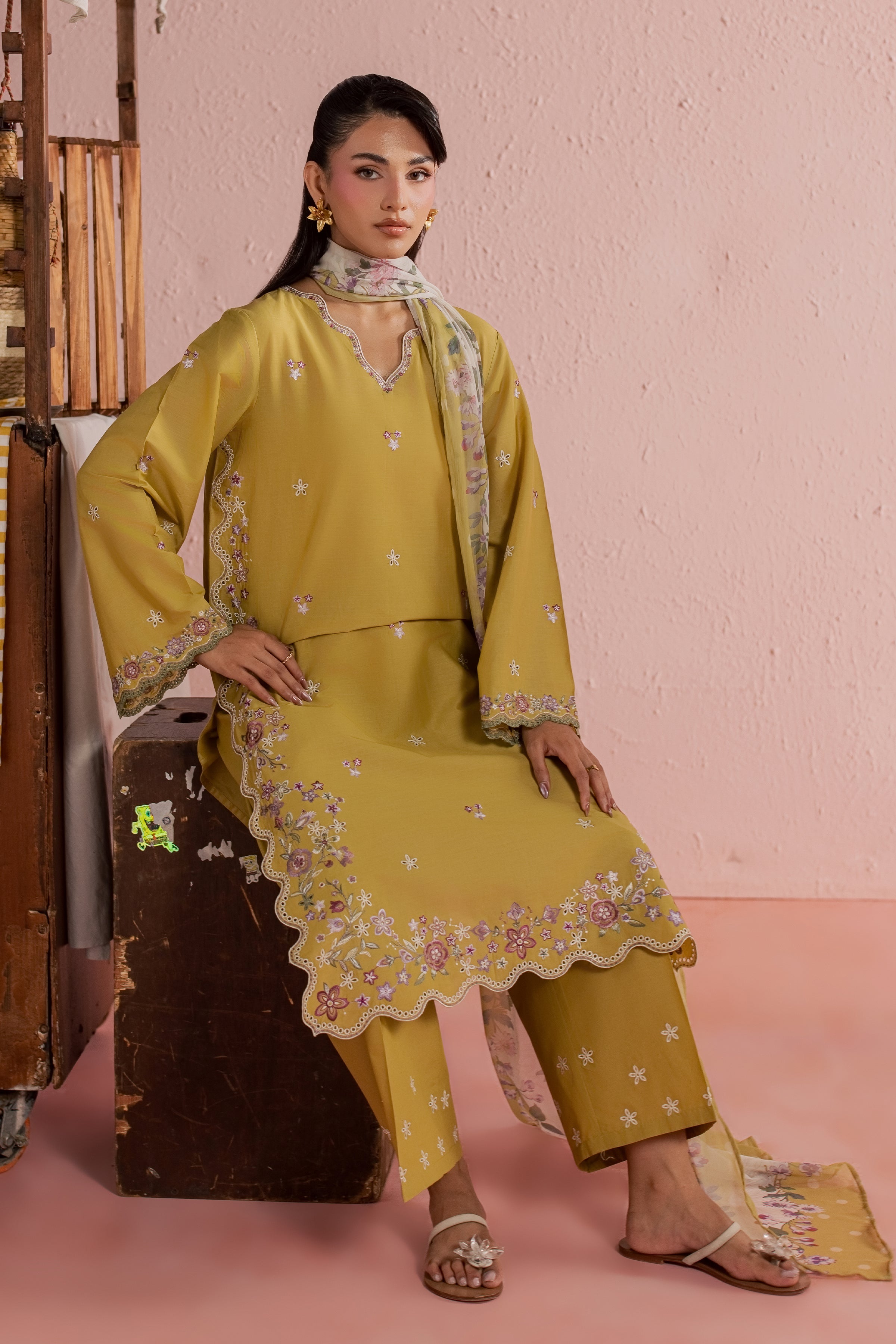 Lime Pop 3Pc - Embroidered Lawn Dress BATIKSS26 BATIK XS / Lime Green / Pima Lawn-S / Lime Green / Pima Lawn-M / Lime Green / Pima Lawn-L / Lime Green / Pima Lawn-XL / Lime Green / Pima Lawn