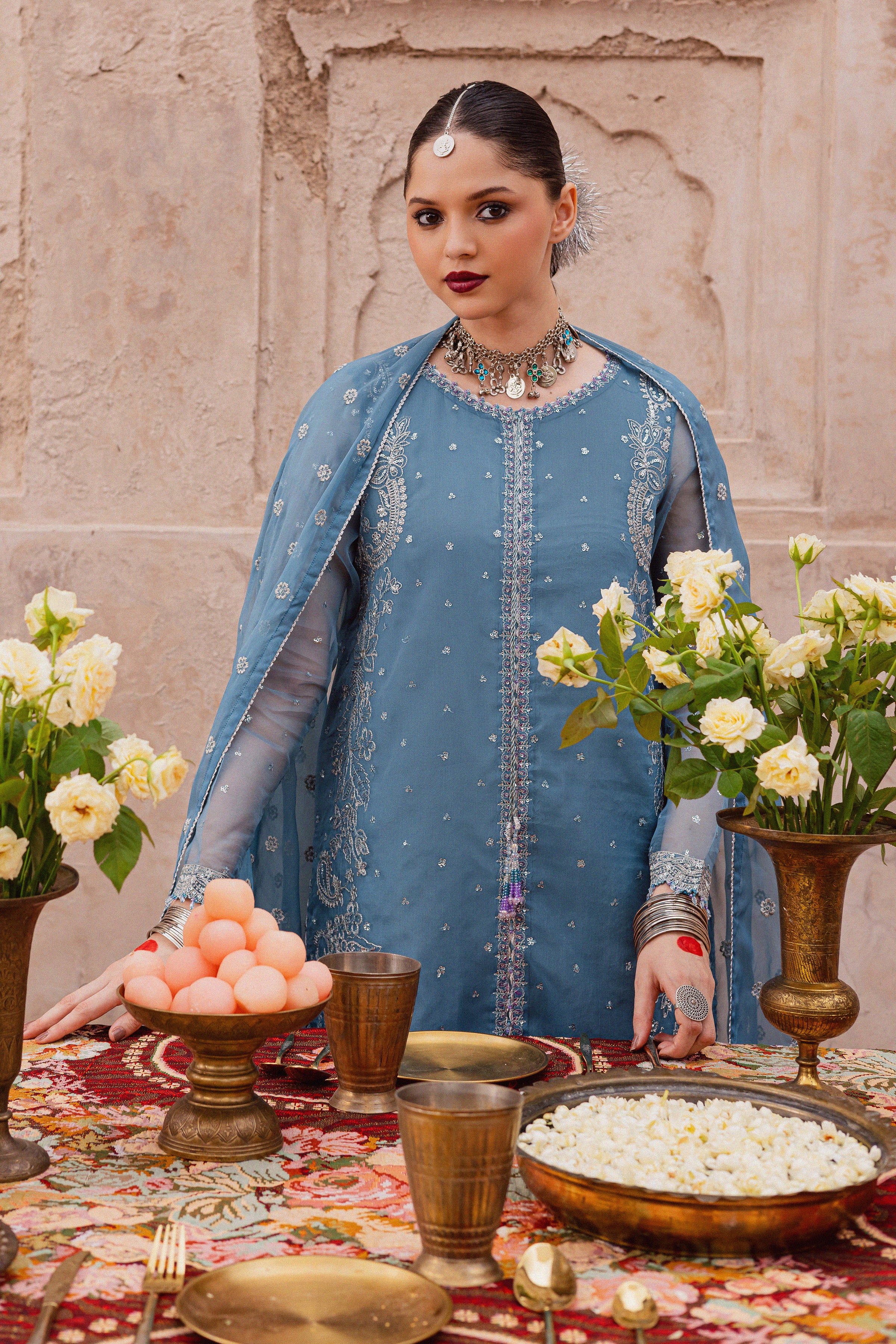 Liyana Lapis 3Pc - Festive Luxe Pret BATIKLuxePRET BATIK XS / Stone Blue / Organza & Raw Silk-S / Stone Blue / Organza & Raw Silk-M / Stone Blue / Organza & Raw Silk-L / Stone Blue / Organza & Raw Silk-XL / Stone Blue / Organza & Raw Silk