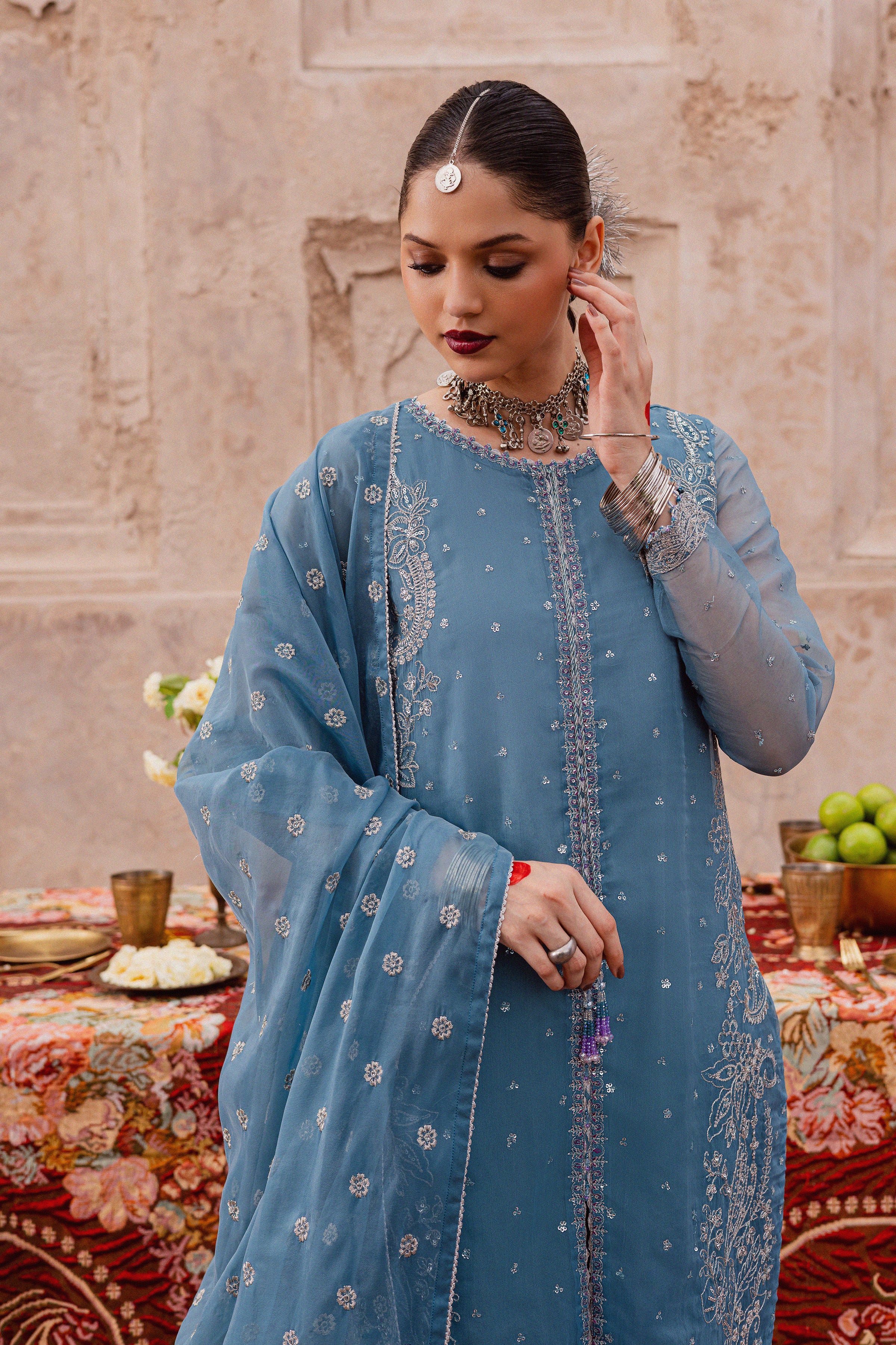 Liyana Lapis 3Pc - Festive Luxe Pret BATIKLuxePRET BATIK XS / Stone Blue / Organza & Raw Silk-S / Stone Blue / Organza & Raw Silk-M / Stone Blue / Organza & Raw Silk-L / Stone Blue / Organza & Raw Silk-XL / Stone Blue / Organza & Raw Silk