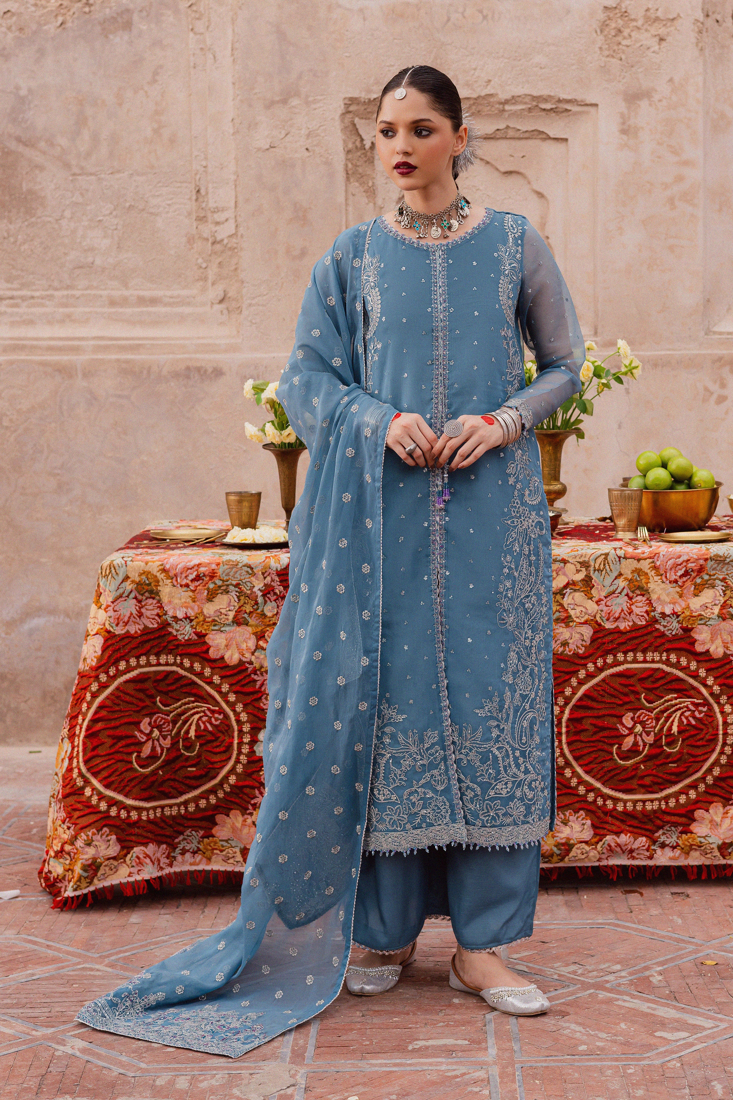 Liyana Lapis 3Pc - Festive Luxe Pret BATIKLuxePRET BATIK XS / Stone Blue / Organza & Raw Silk-S / Stone Blue / Organza & Raw Silk-M / Stone Blue / Organza & Raw Silk-L / Stone Blue / Organza & Raw Silk-XL / Stone Blue / Organza & Raw Silk