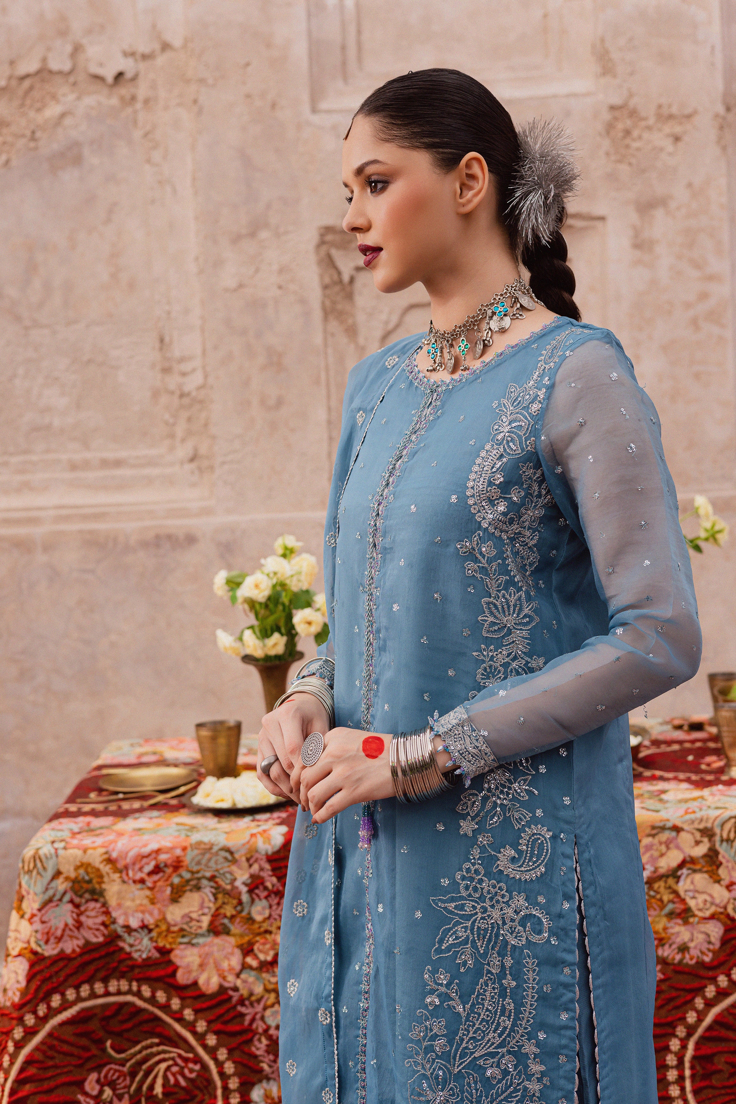 Liyana Lapis 3Pc - Festive Luxe Pret BATIKLuxePRET BATIK XS / Stone Blue / Organza & Raw Silk-S / Stone Blue / Organza & Raw Silk-M / Stone Blue / Organza & Raw Silk-L / Stone Blue / Organza & Raw Silk-XL / Stone Blue / Organza & Raw Silk