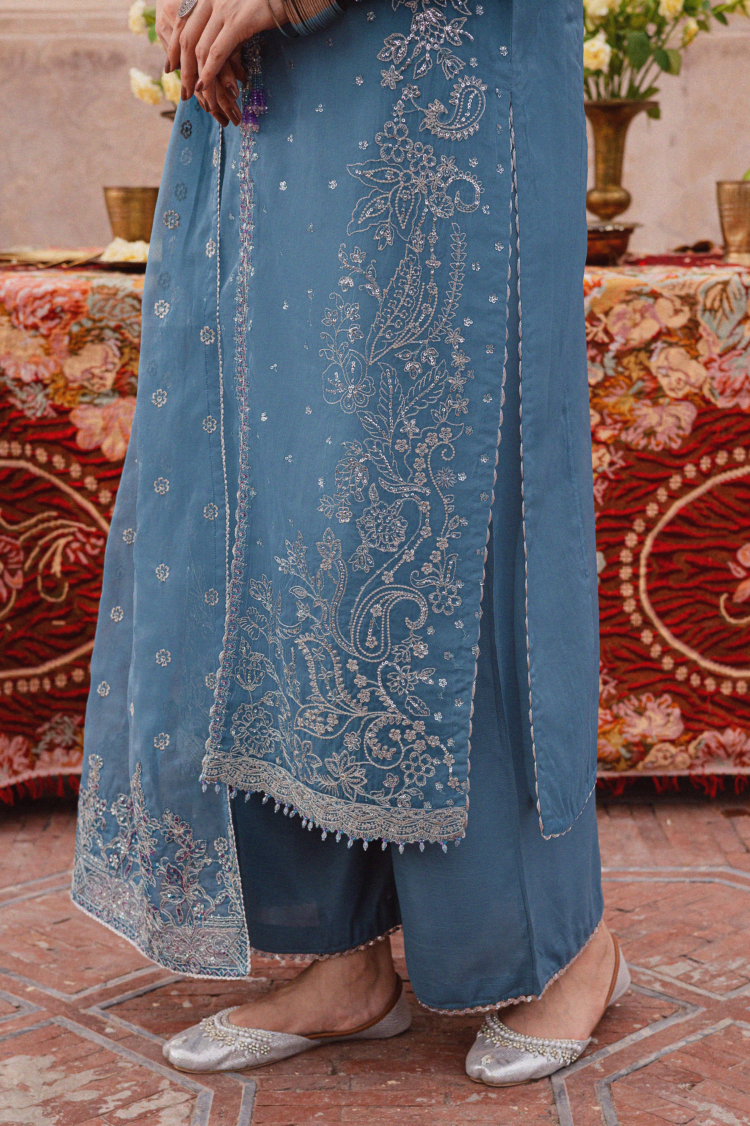 Liyana Lapis 3Pc - Festive Luxe Pret BATIKLuxePRET BATIK XS / Stone Blue / Organza & Raw Silk-S / Stone Blue / Organza & Raw Silk-M / Stone Blue / Organza & Raw Silk-L / Stone Blue / Organza & Raw Silk-XL / Stone Blue / Organza & Raw Silk