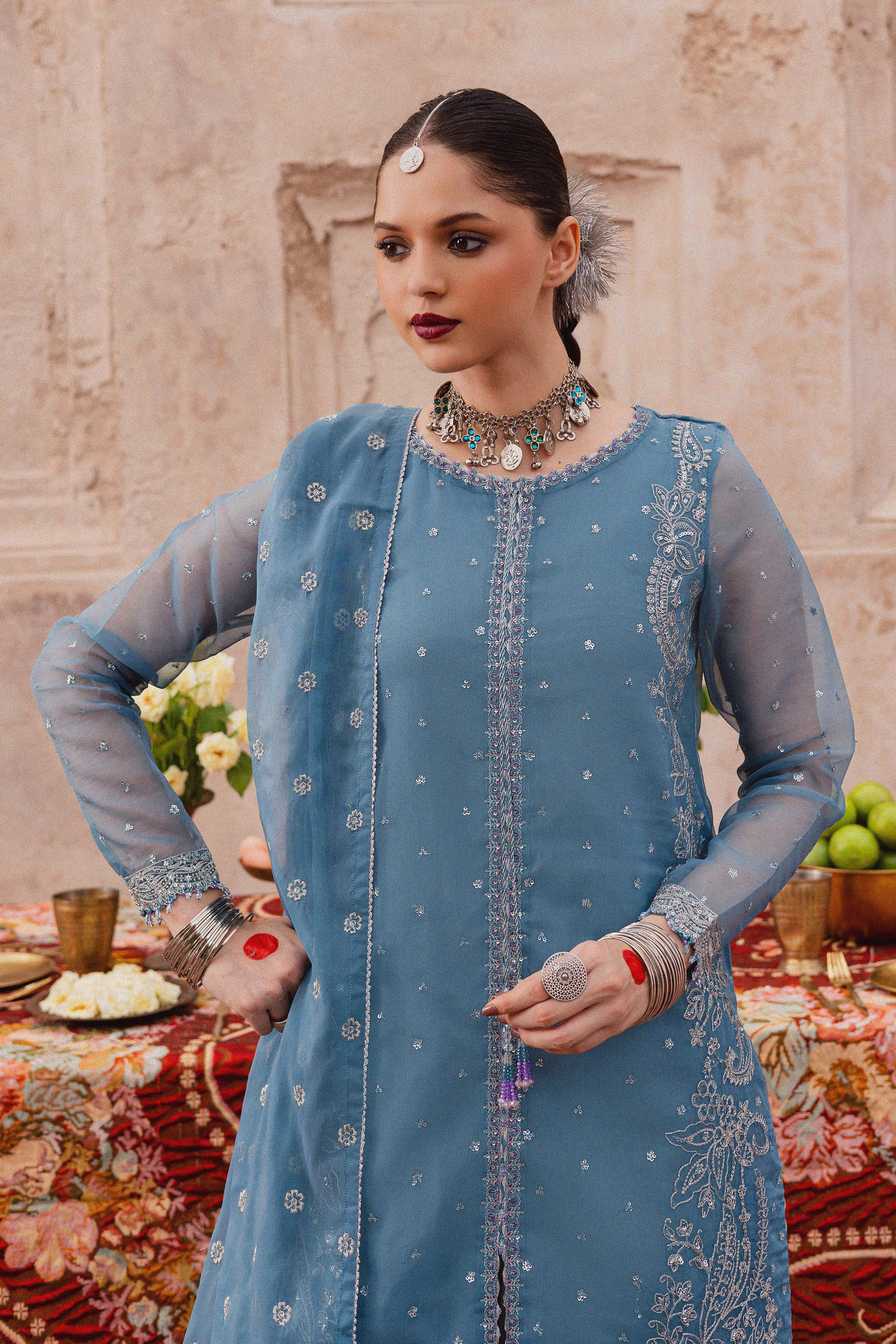 Liyana Lapis 3Pc - Festive Luxe Pret BATIKLuxePRET BATIK XS / Stone Blue / Organza & Raw Silk-S / Stone Blue / Organza & Raw Silk-M / Stone Blue / Organza & Raw Silk-L / Stone Blue / Organza & Raw Silk-XL / Stone Blue / Organza & Raw Silk
