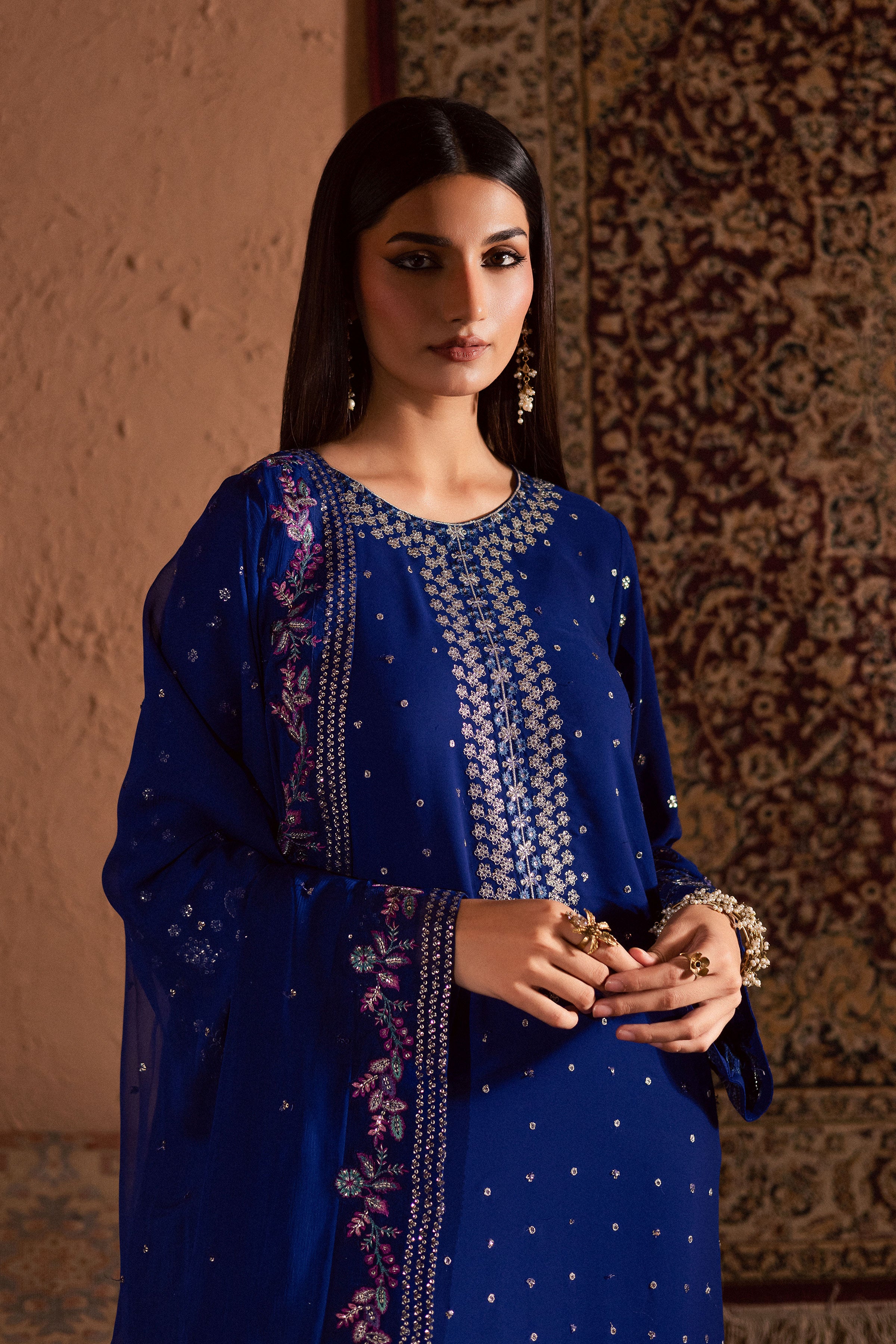 Luna Luxe 3Pc- Festive Luxe Pret BATIKSTUDIO2025 BATIK S / Ink Blue / Georgette-M / Ink Blue / Georgette-L / Ink Blue / Georgette
