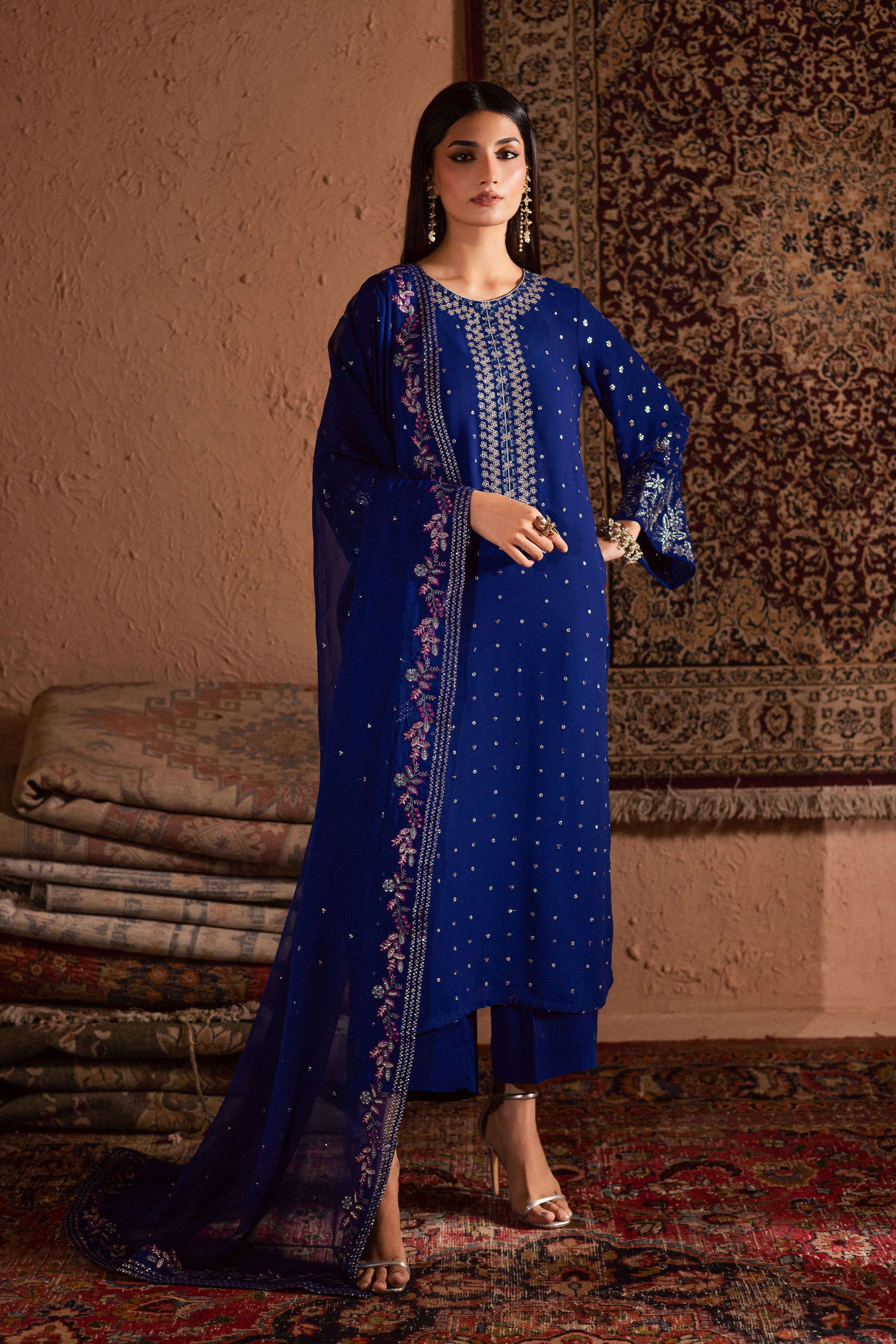 Luna Luxe 3Pc- Festive Luxe Pret BATIKSTUDIO2025 BATIK S / Ink Blue / Georgette-M / Ink Blue / Georgette-L / Ink Blue / Georgette