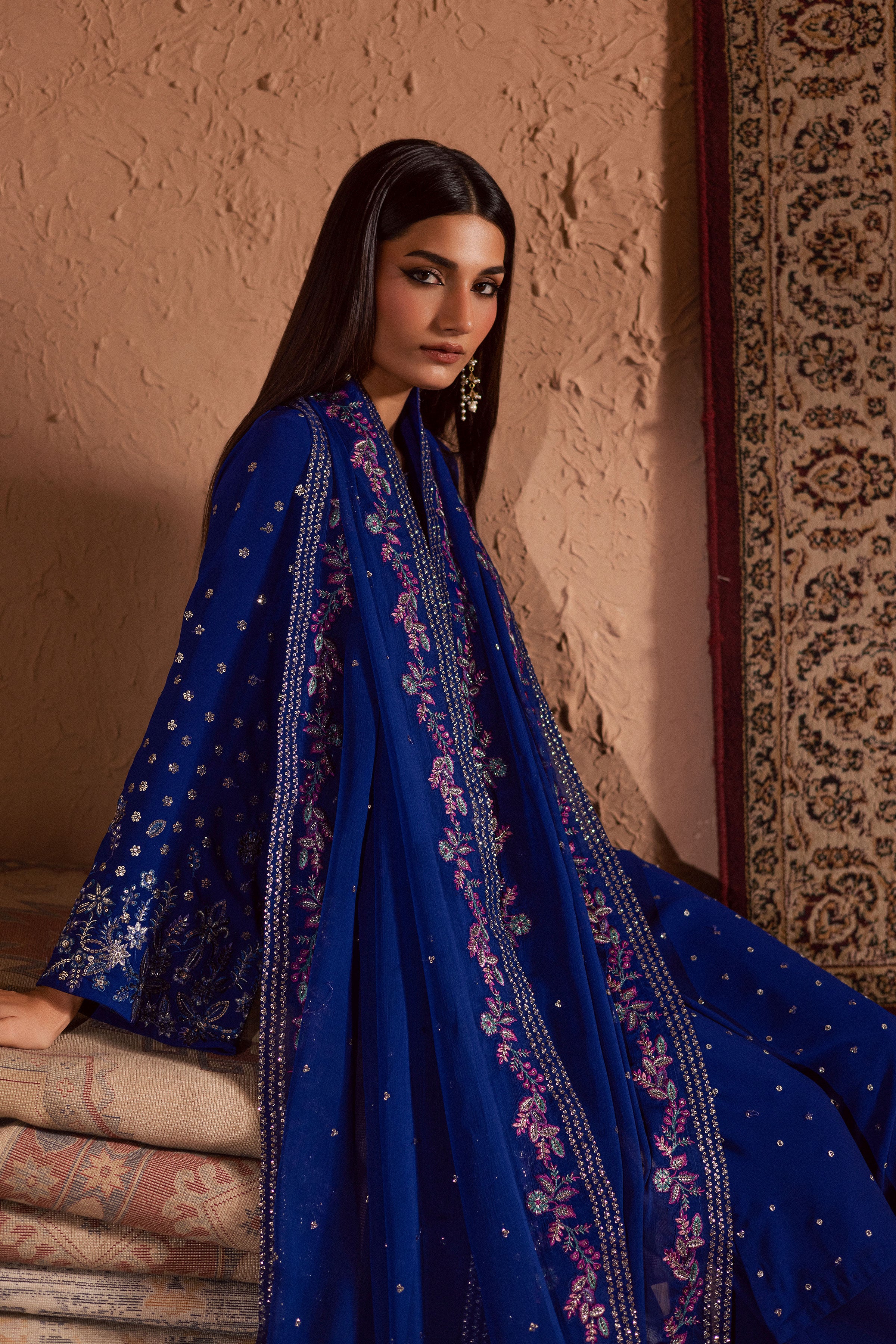 Luna Luxe 3Pc- Festive Luxe Pret BATIKSTUDIO2025 BATIK S / Ink Blue / Georgette-M / Ink Blue / Georgette-L / Ink Blue / Georgette
