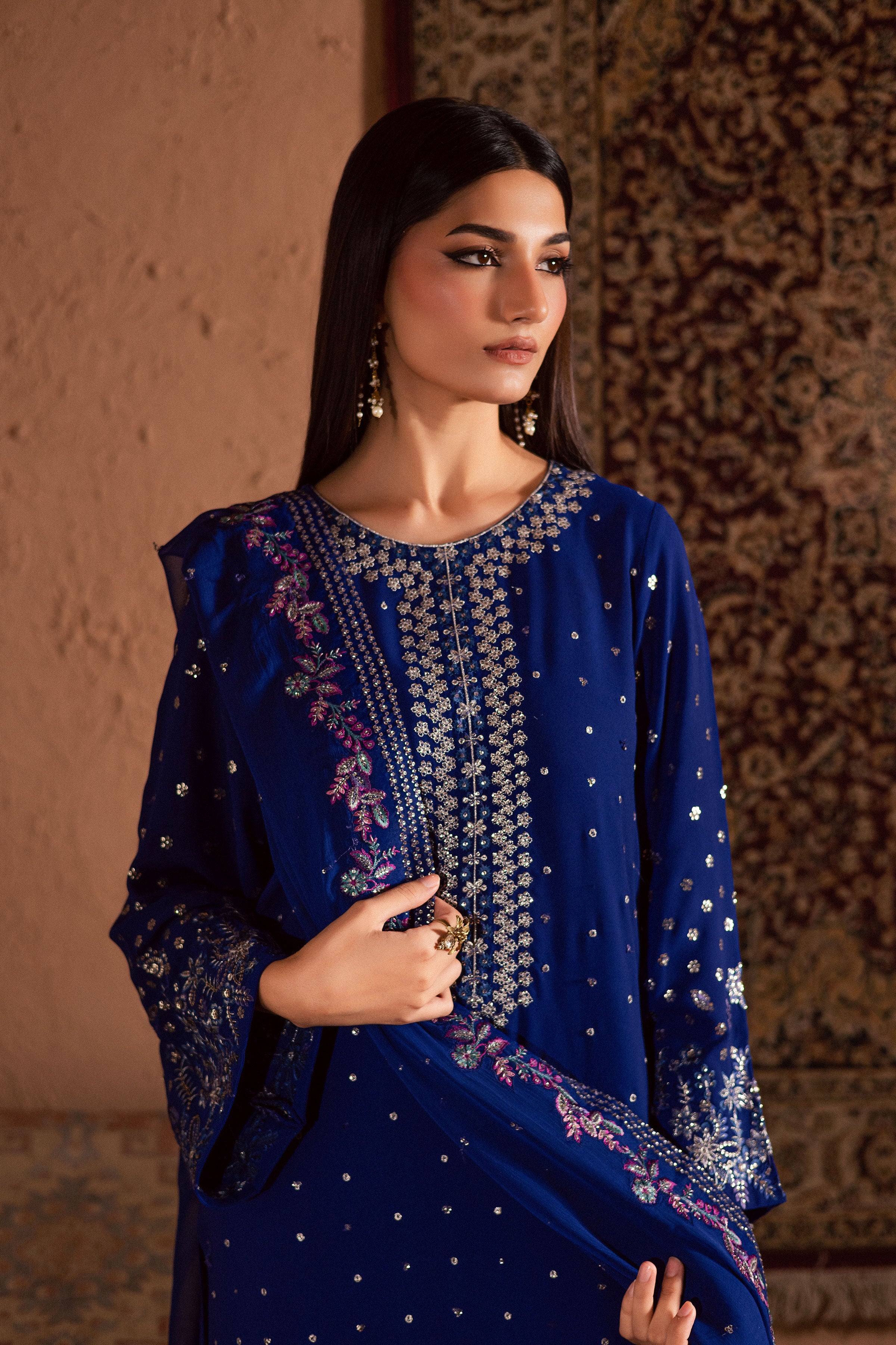 Luna Luxe 3Pc- Festive Luxe Pret BATIKSTUDIO2025 BATIK S / Ink Blue / Georgette-M / Ink Blue / Georgette-L / Ink Blue / Georgette