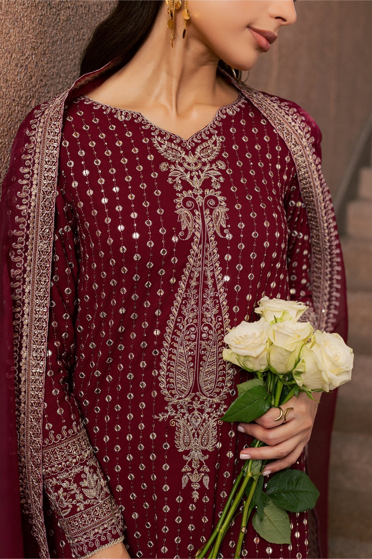 Maroon Raqs 3Pc - Festive Luxe Pret BATIKLUXESEP26 BATIK XS / Maroon / Georgette