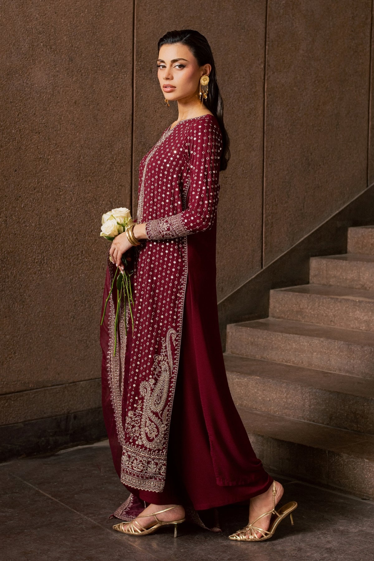 Maroon Raqs 3Pc - Festive Luxe Pret BATIKLUXESEP26 BATIK XS / Maroon / Georgette