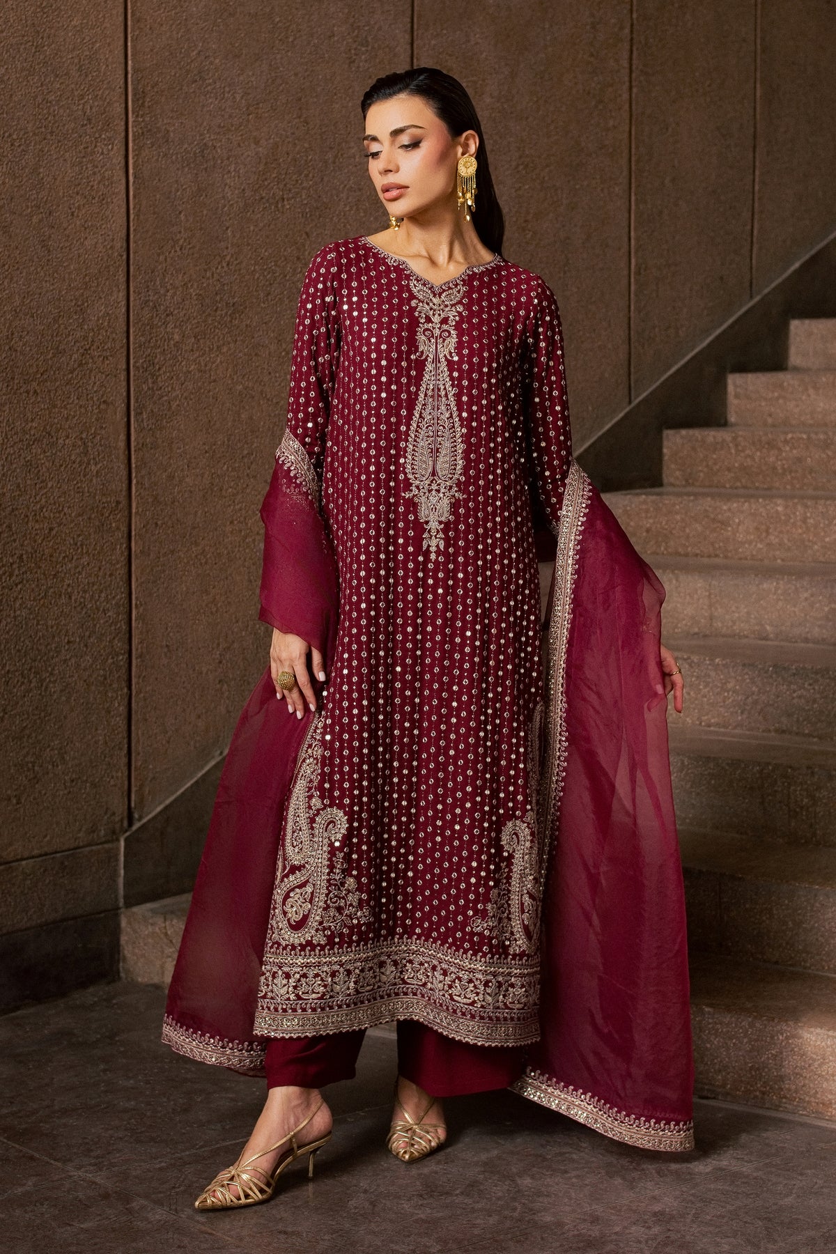 Maroon Raqs 3Pc - Festive Luxe Pret BATIKLUXESEP26 BATIK XS / Maroon / Georgette