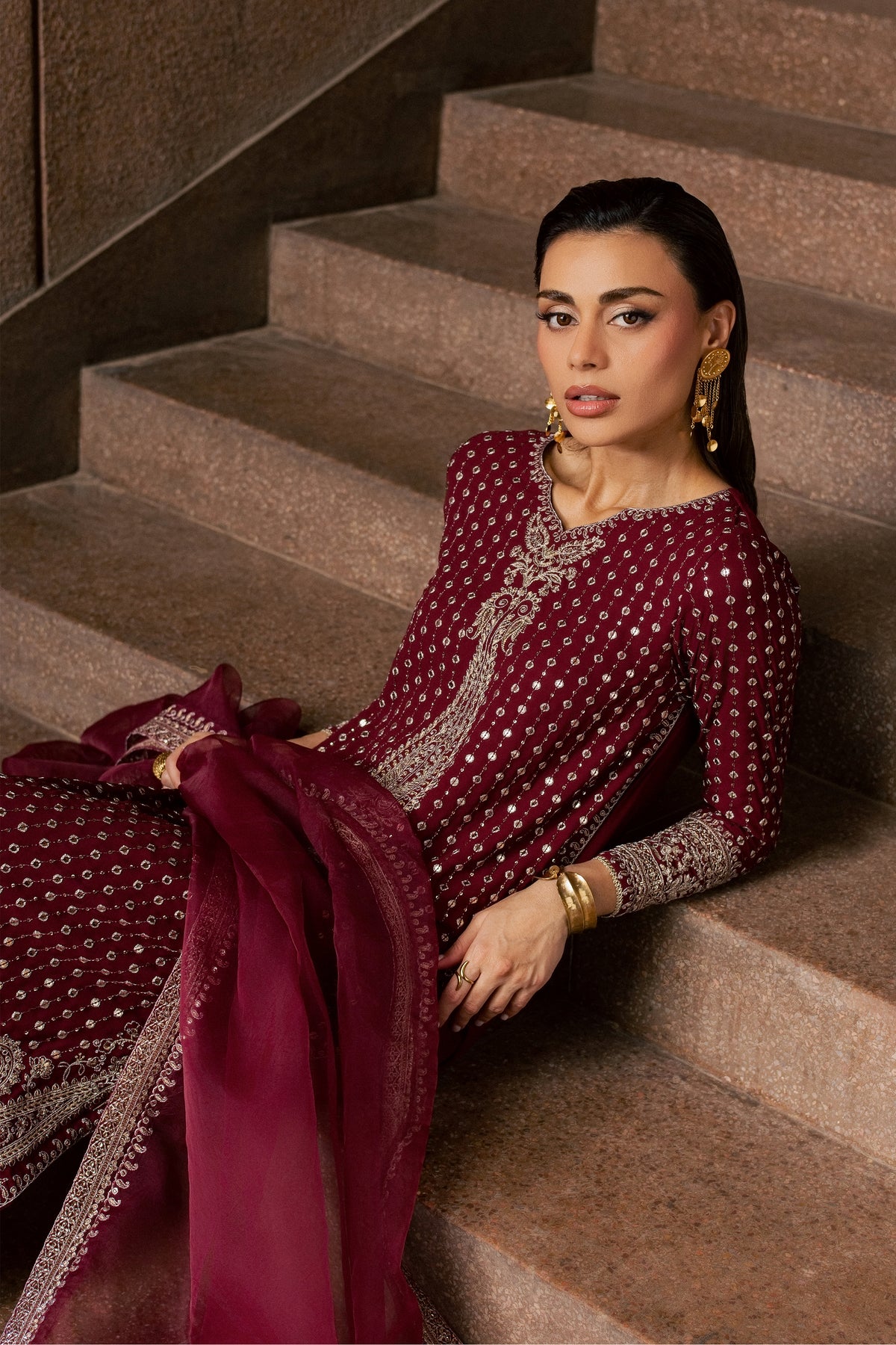 Maroon Raqs 3Pc - Festive Luxe Pret BATIKLUXESEP26 BATIK XS / Maroon / Georgette