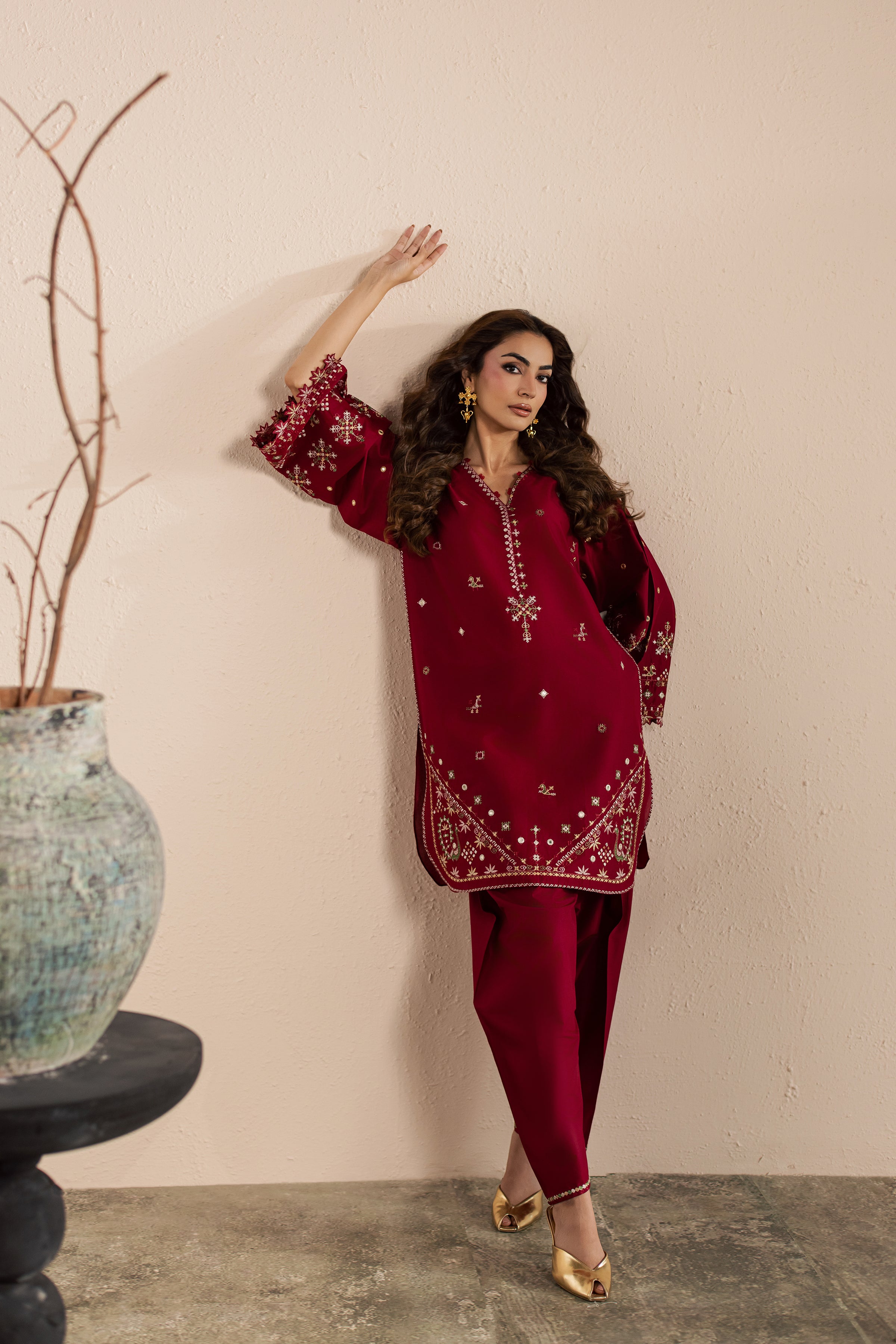 Maroon Santro 2Pc - Embroidered Lawn Dress EverydayEdit26 BATIK XS / Tibetan Red / Pima Lawn-S / Tibetan Red / Pima Lawn-M / Tibetan Red / Pima Lawn-L / Tibetan Red / Pima Lawn-XL / Tibetan Red / Pima Lawn