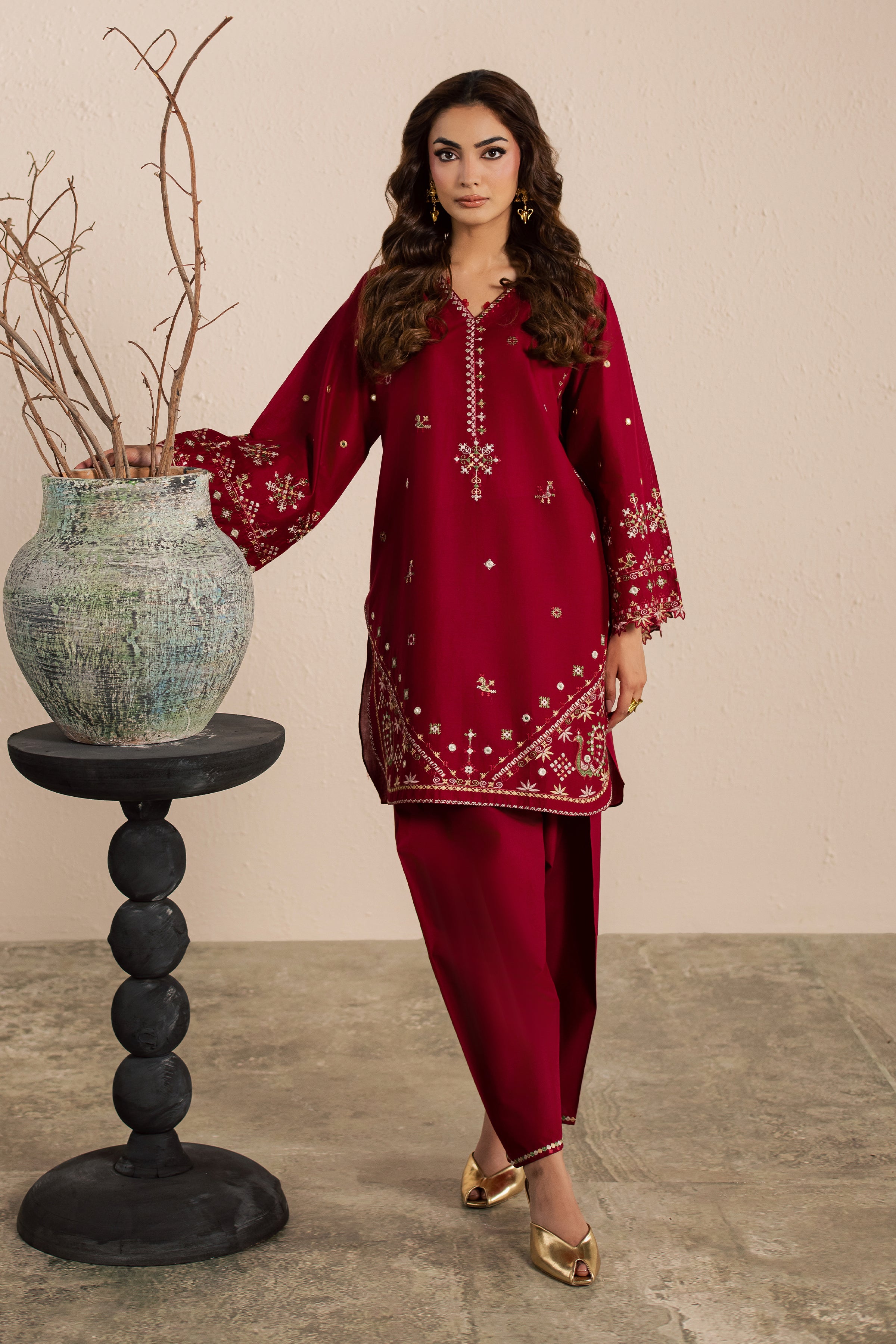 Maroon Santro 2Pc - Embroidered Lawn Dress EverydayEdit26 BATIK XS / Tibetan Red / Pima Lawn-S / Tibetan Red / Pima Lawn-M / Tibetan Red / Pima Lawn-L / Tibetan Red / Pima Lawn-XL / Tibetan Red / Pima Lawn