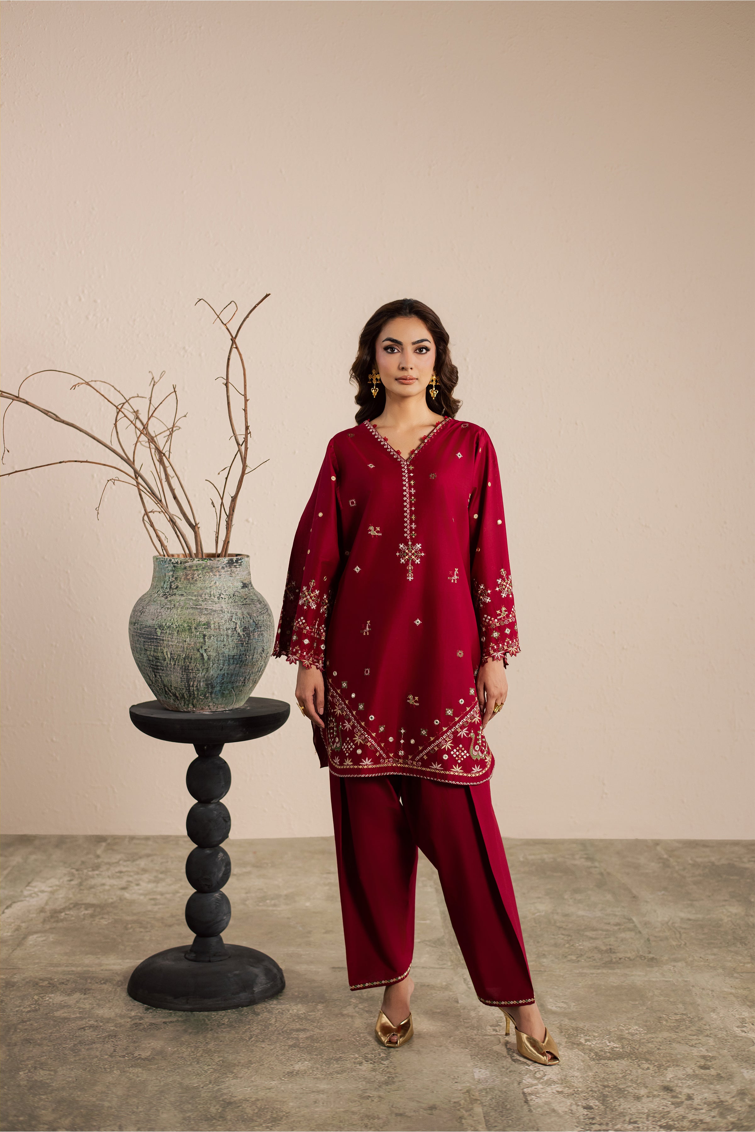 Maroon Santro 2Pc - Embroidered Lawn Dress EverydayEdit26 BATIK XS / Tibetan Red / Pima Lawn-S / Tibetan Red / Pima Lawn-M / Tibetan Red / Pima Lawn-L / Tibetan Red / Pima Lawn-XL / Tibetan Red / Pima Lawn