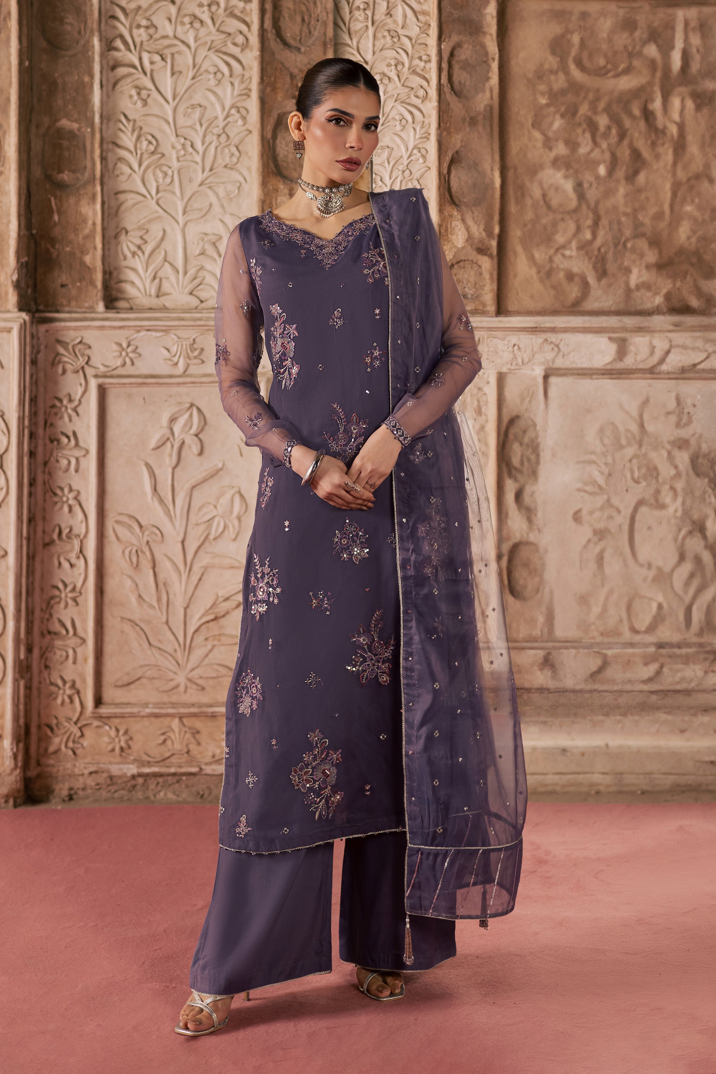 Meesha 3Pc - Festive Luxe Pret BATIKLuxePRET BATIK XS / Dusty Purple / Organza-S / Dusty Purple / Organza-M / Dusty Purple / Organza-L / Dusty Purple / Organza-XL / Dusty Purple / Organza