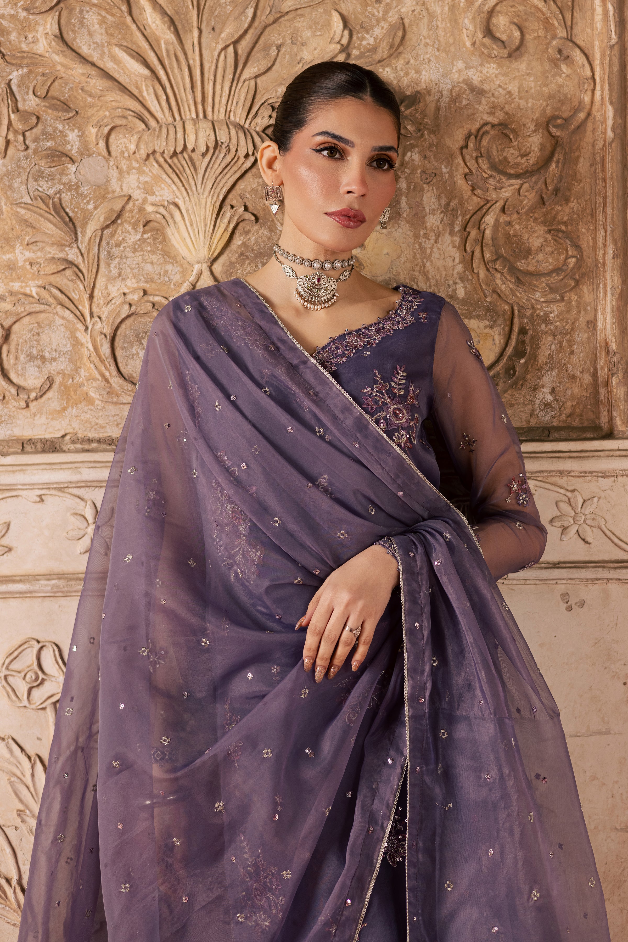 Meesha 3Pc - Festive Luxe Pret BATIKLuxePRET BATIK XS / Dusty Purple / Organza-S / Dusty Purple / Organza-M / Dusty Purple / Organza-L / Dusty Purple / Organza-XL / Dusty Purple / Organza