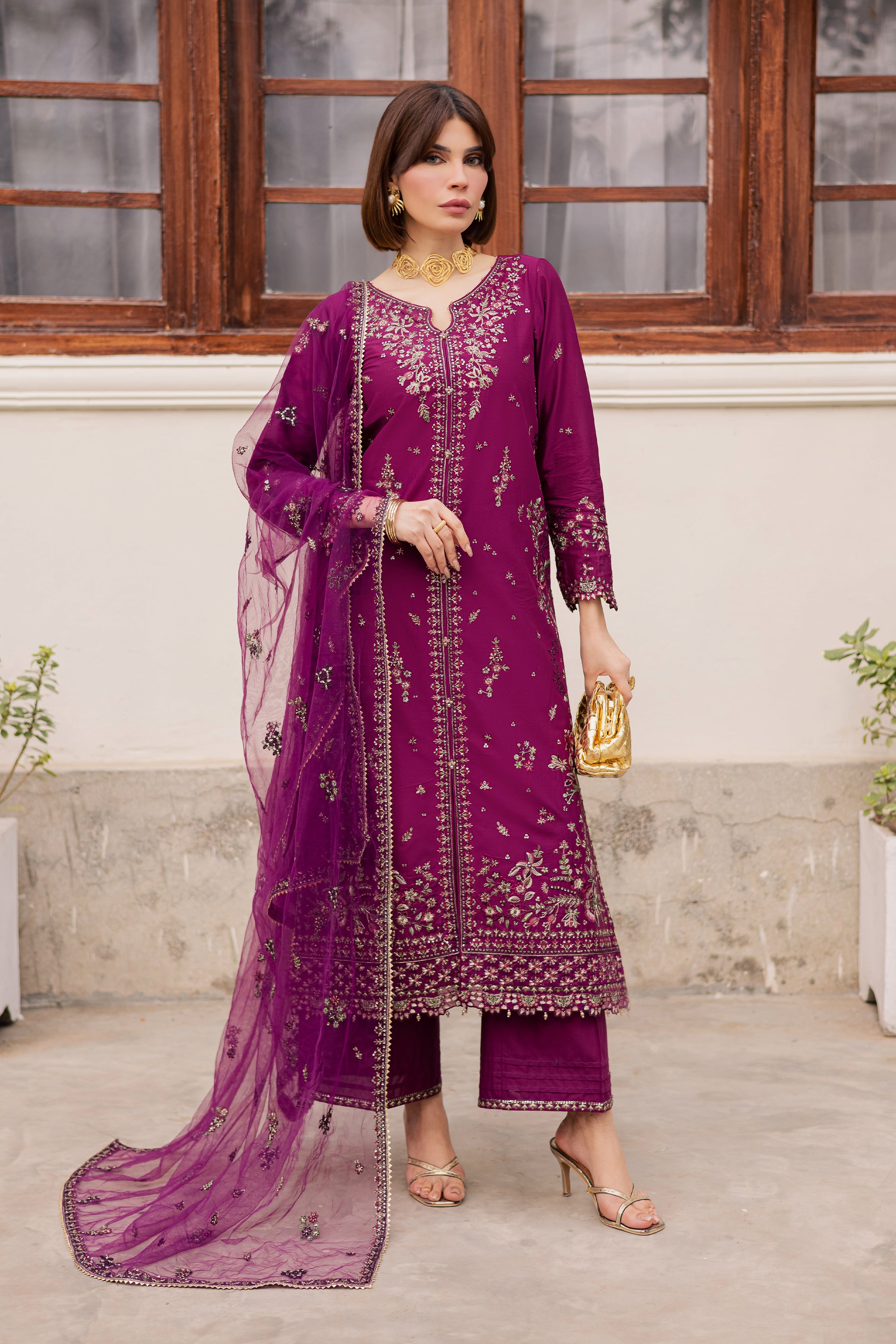 Merissa 3Pc - Festive Embroidered Lawn BATIKEID2026 BATIK XS / Wine / Pima Lawn-S / Wine / Pima Lawn-M / Wine / Pima Lawn-L / Wine / Pima Lawn-XL / Wine / Pima Lawn