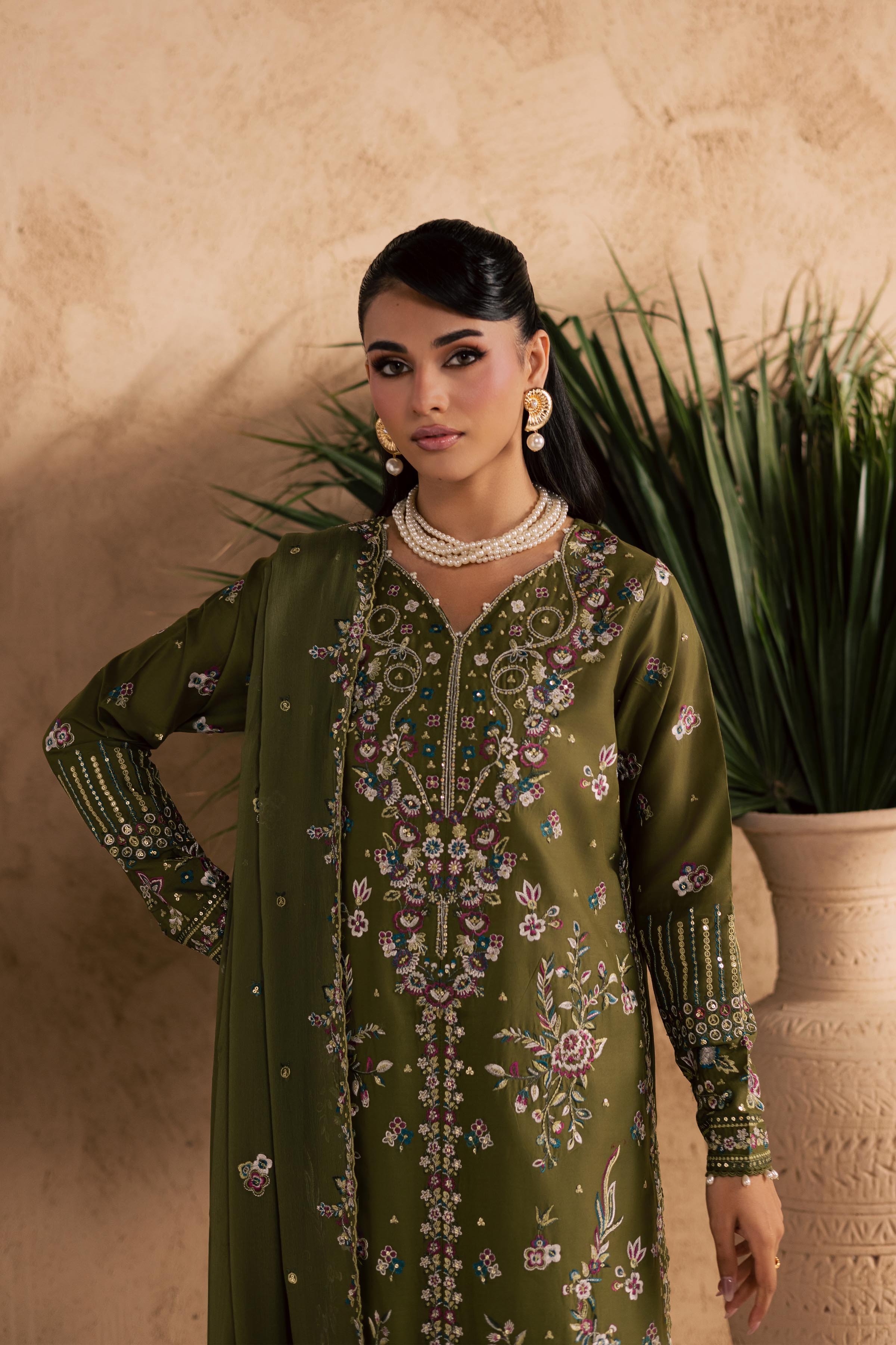 Meshal 3Pc - Embroidered Festive Pret BATIKSS26 BATIK XS / Army Green / Pima-S / Army Green / Pima-M / Army Green / Pima-L / Army Green / Pima-XL / Army Green / Pima