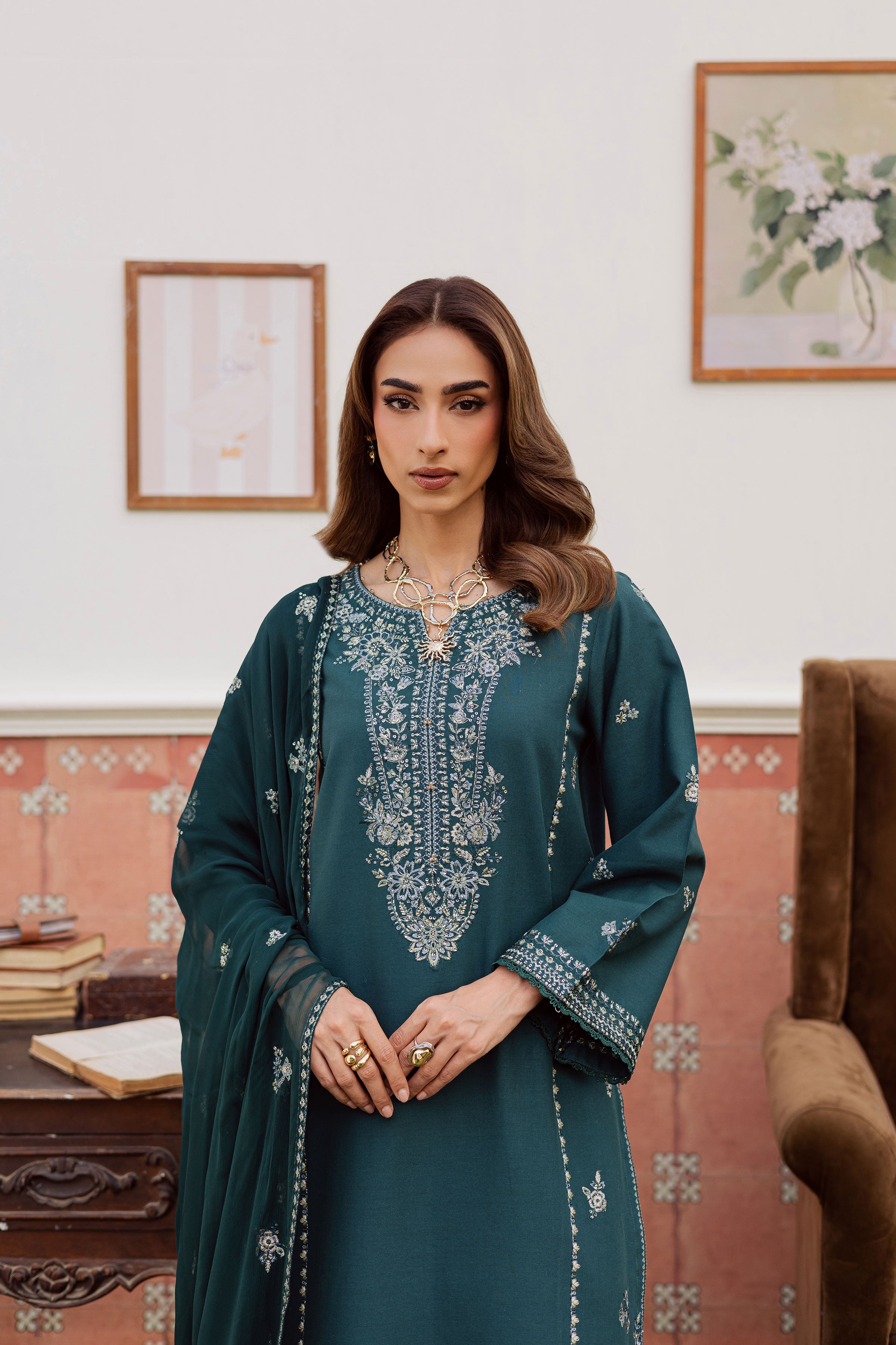 Minhal 3Pc - Embroidered Khaddar Dress BATIK WINTER PRET 2025 BATIK XS / Teal / Khaddar-S / Teal / Khaddar-M / Teal / Khaddar-L / Teal / Khaddar-XL / Teal / Khaddar
