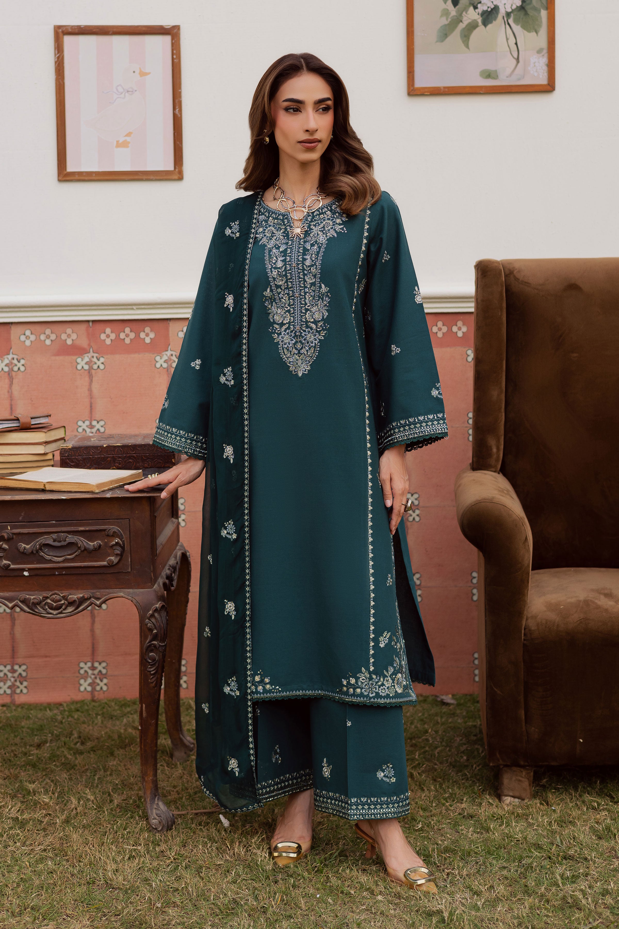 Minhal 3Pc - Embroidered Khaddar Dress BATIK WINTER PRET 2025 BATIK XS / Teal / Khaddar-S / Teal / Khaddar-M / Teal / Khaddar-L / Teal / Khaddar-XL / Teal / Khaddar