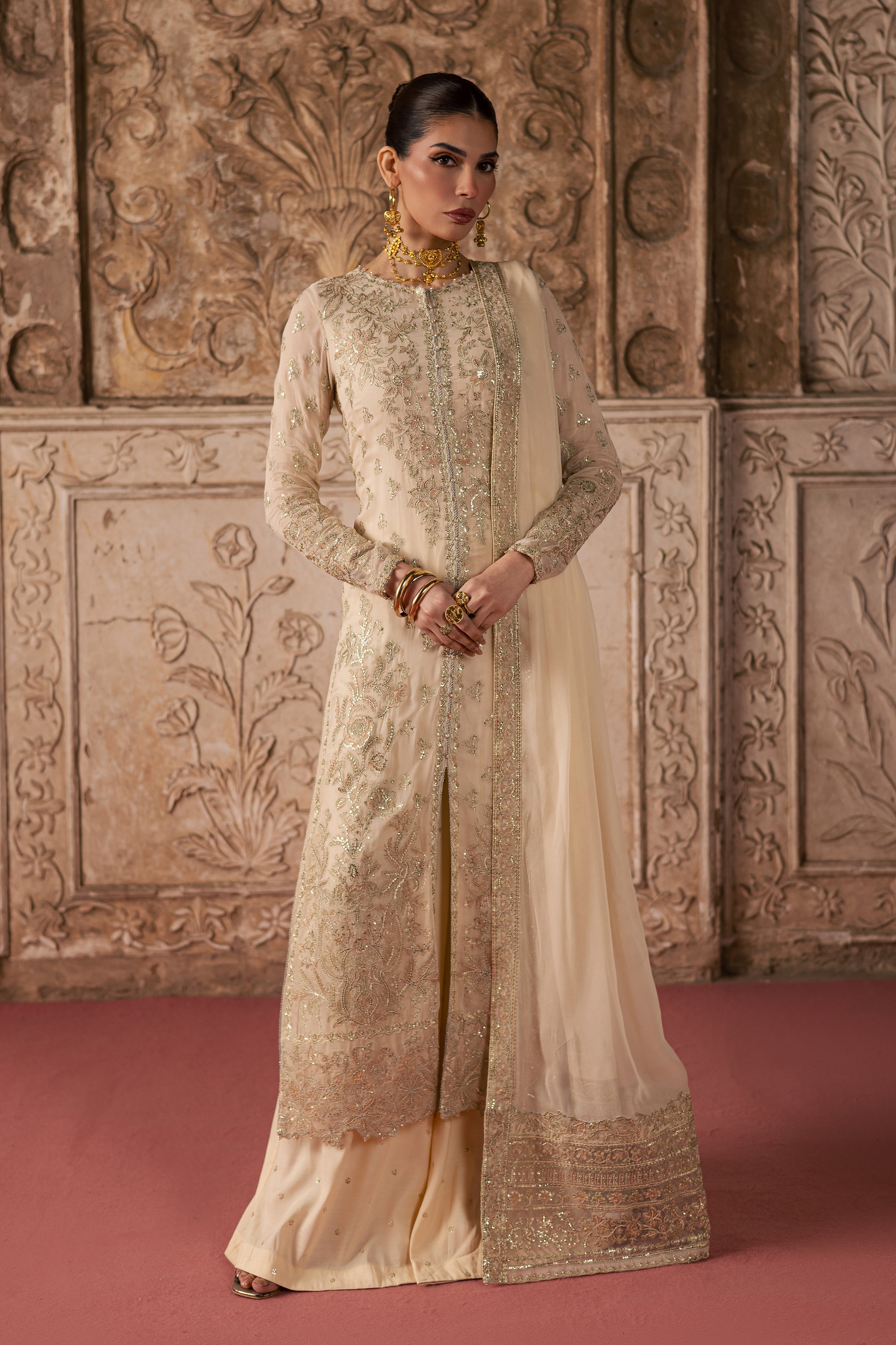 Mooti 3Pc - Festive Luxe Pret BATIKLuxePRET BATIK XS / Ivory / Chiffon-S / Ivory / Chiffon-M / Ivory / Chiffon-L / Ivory / Chiffon-XL / Ivory / Chiffon