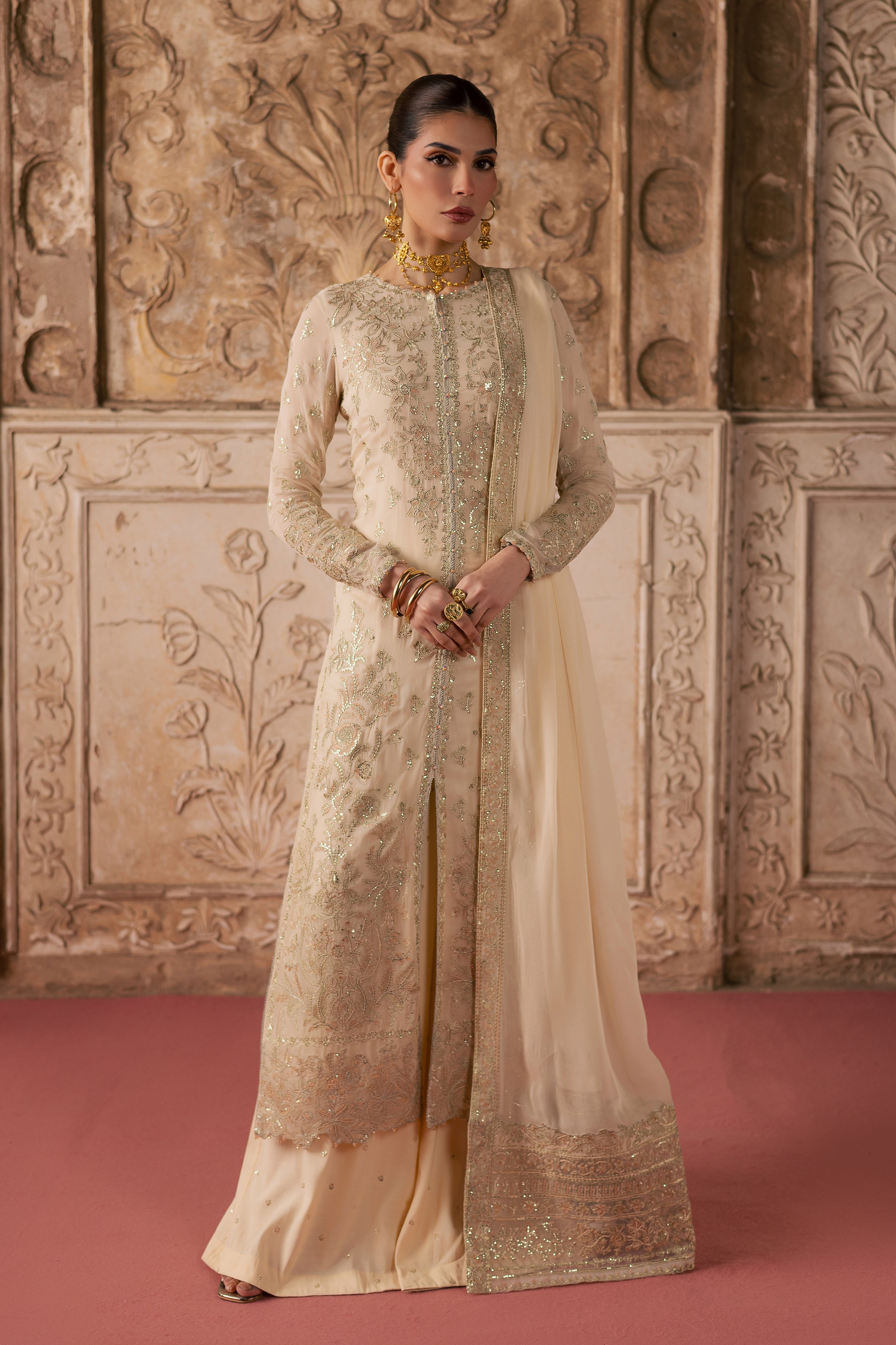 Mooti 3Pc - Festive Luxe Pret BATIKLuxePRET BATIK XS / Ivory / Chiffon-S / Ivory / Chiffon-M / Ivory / Chiffon-L / Ivory / Chiffon-XL / Ivory / Chiffon