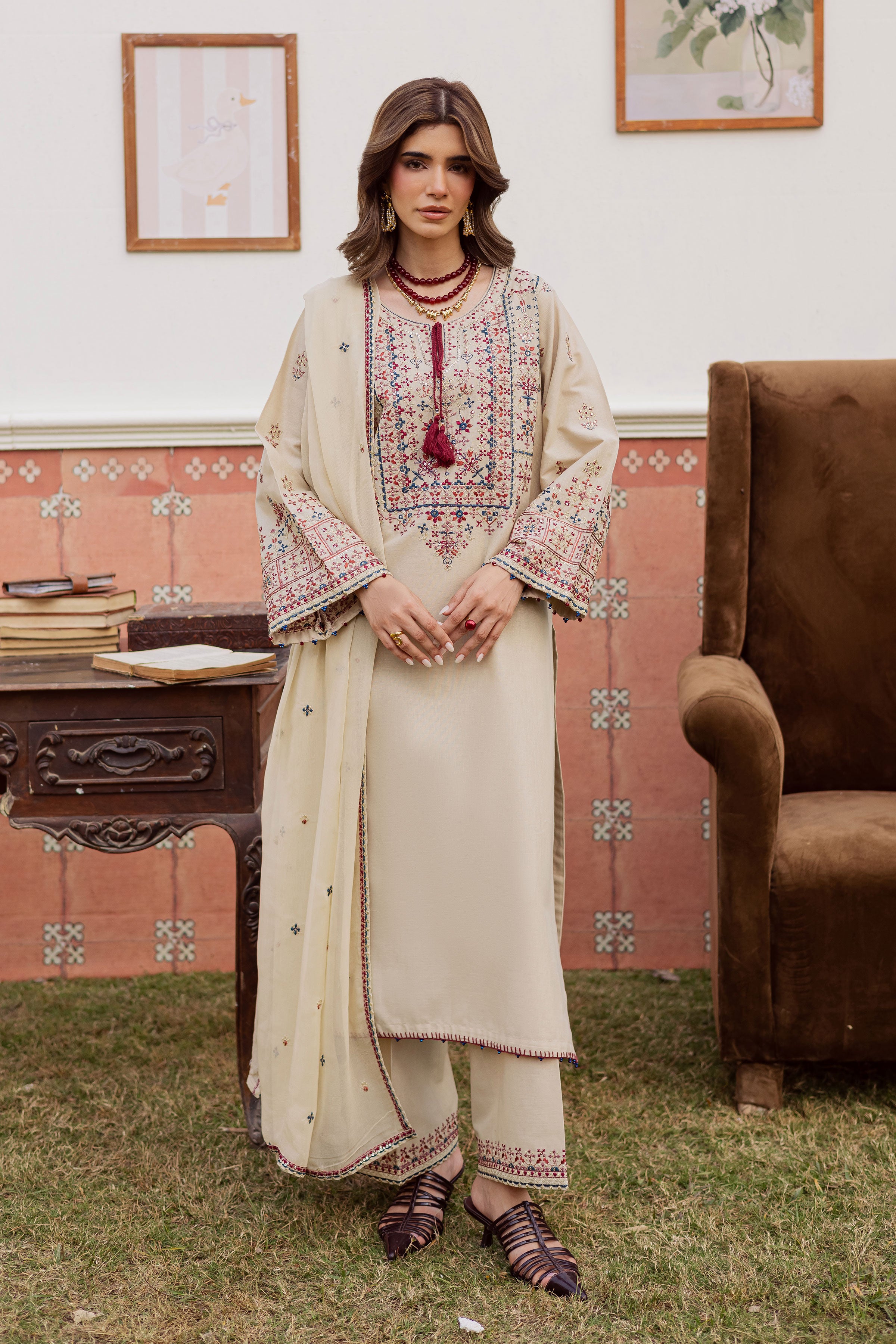 Nahin 3Pc - Embroidered Khaddar Dress BATIK WINTER PRET 2025 BATIK XS / French Oak / Khaddar-S / French Oak / Khaddar-M / French Oak / Khaddar-L / French Oak / Khaddar-XL / French Oak / Khaddar