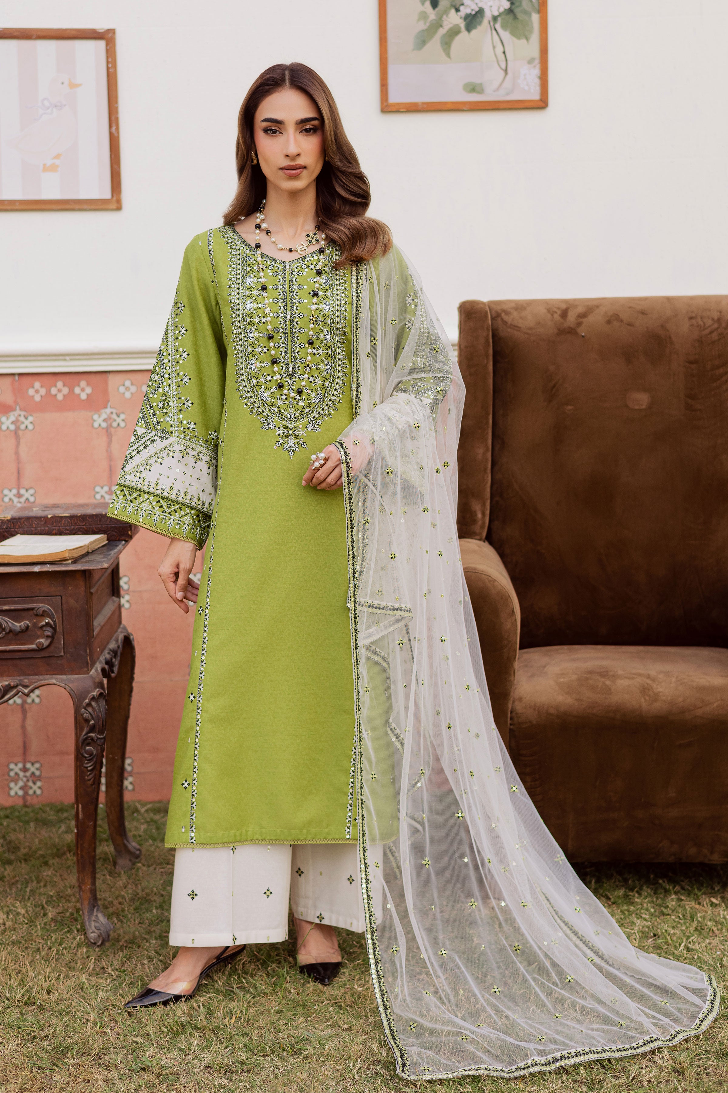 Nashville 3Pc - Embroidered Karandi Dress BATIK WINTER PRET 2025 BATIK XS / Pear green / Karandi-S / Pear green / Karandi-M / Pear green / Karandi-L / Pear green / Karandi-XL / Pear green / Karandi