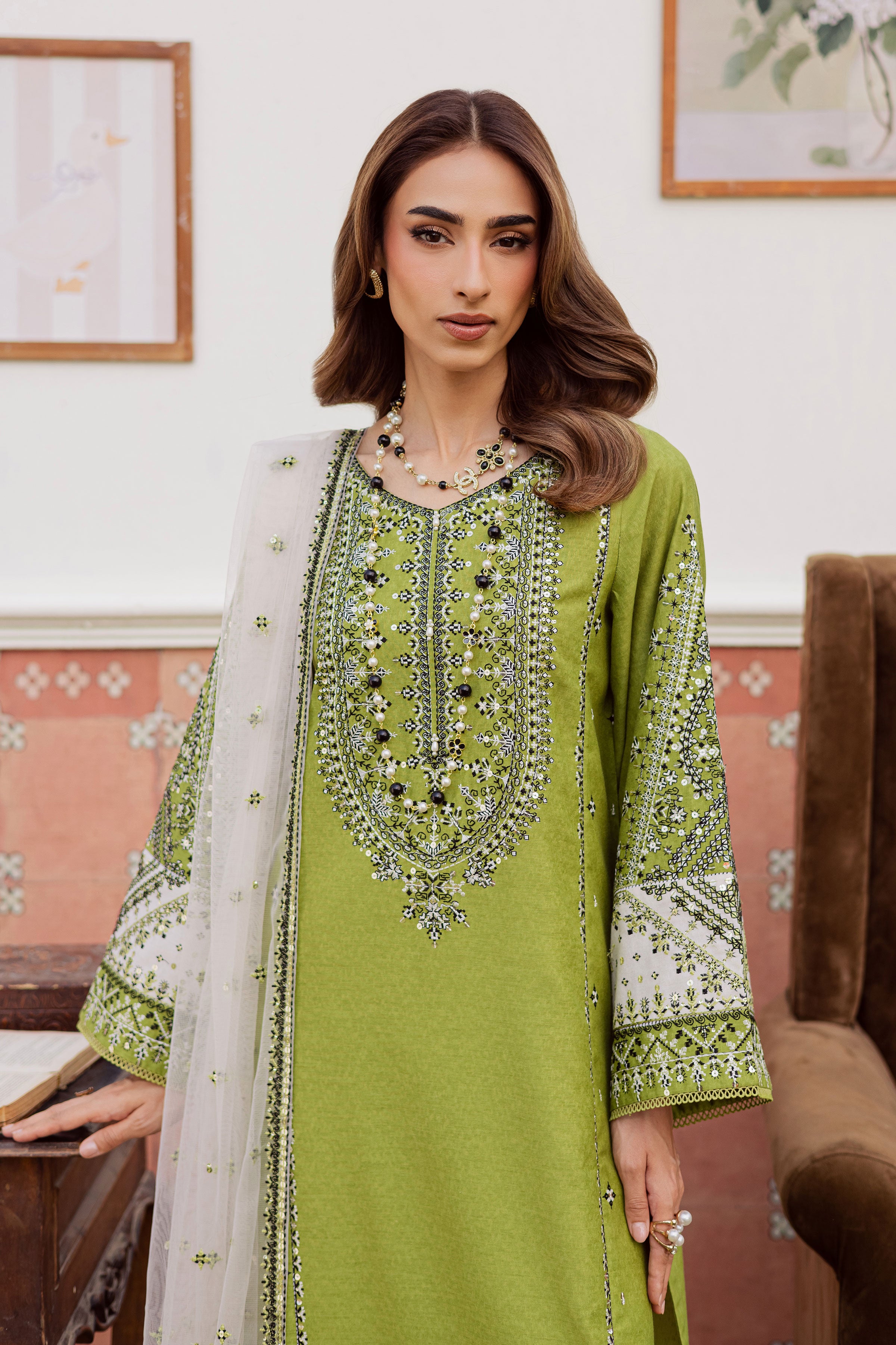 Nashville 3Pc - Embroidered Karandi Dress BATIK WINTER PRET 2025 BATIK XS / Pear green / Karandi-S / Pear green / Karandi-M / Pear green / Karandi-L / Pear green / Karandi-XL / Pear green / Karandi