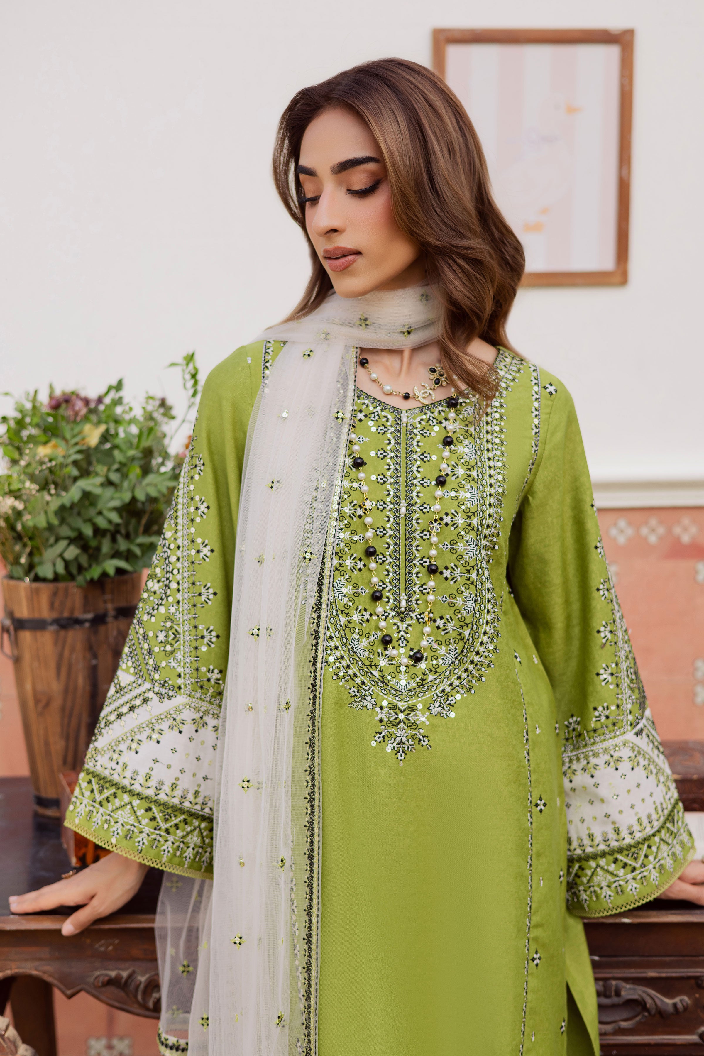 Nashville 3Pc - Embroidered Karandi Dress BATIK WINTER PRET 2025 BATIK XS / Pear green / Karandi-S / Pear green / Karandi-M / Pear green / Karandi-L / Pear green / Karandi-XL / Pear green / Karandi