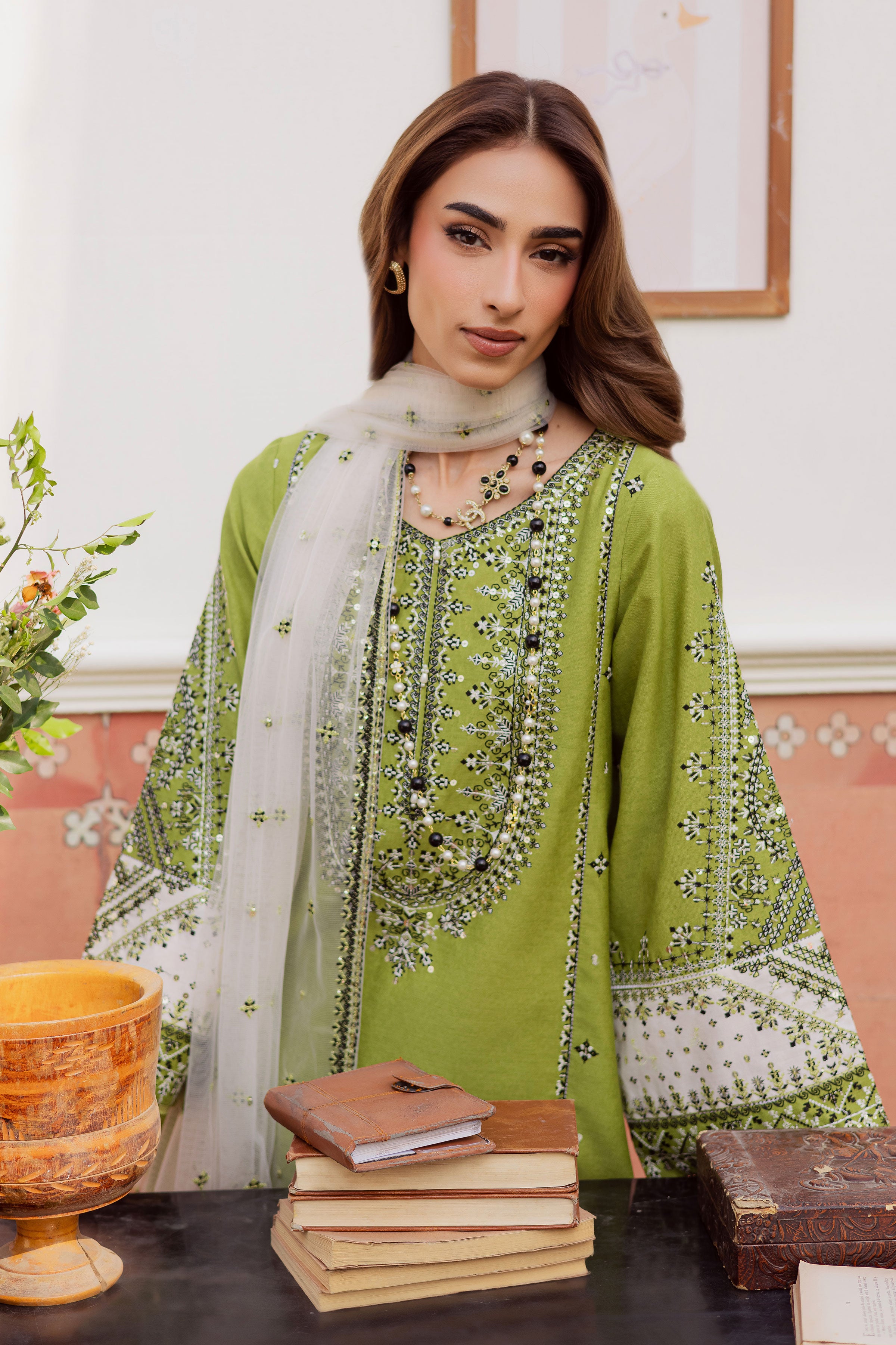 Nashville 3Pc - Embroidered Karandi Dress BATIK WINTER PRET 2025 BATIK XS / Pear green / Karandi-S / Pear green / Karandi-M / Pear green / Karandi-L / Pear green / Karandi-XL / Pear green / Karandi