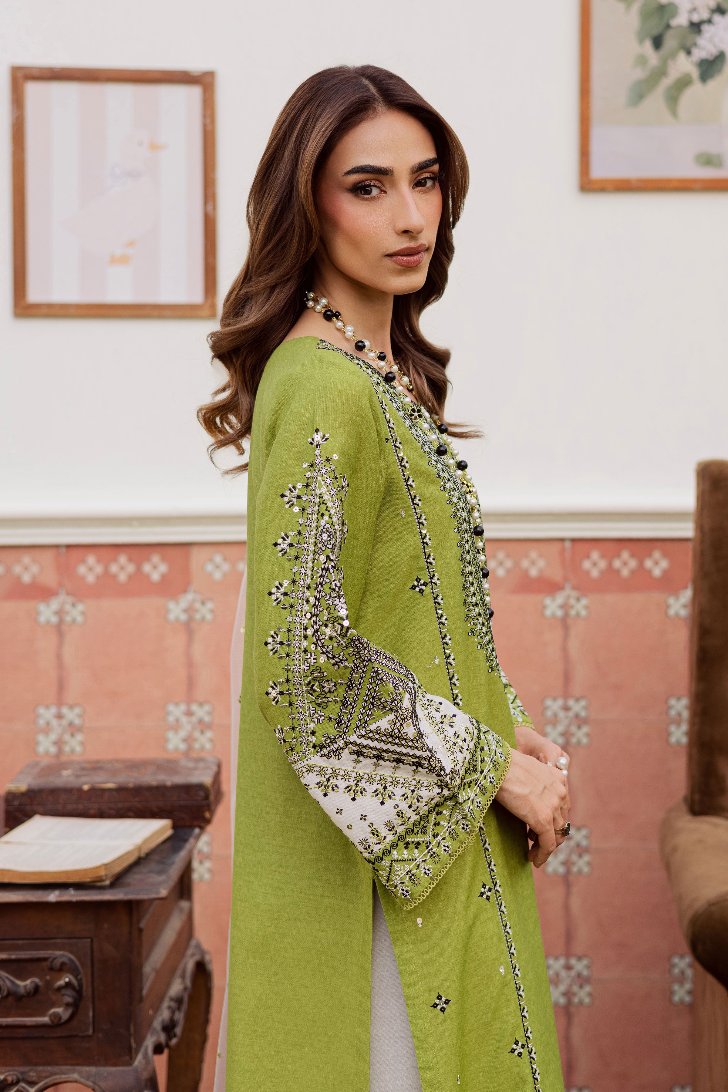Nashville 3Pc - Embroidered Karandi Dress BATIK WINTER PRET 2025 BATIK XS / Pear green / Karandi-S / Pear green / Karandi-M / Pear green / Karandi-L / Pear green / Karandi-XL / Pear green / Karandi