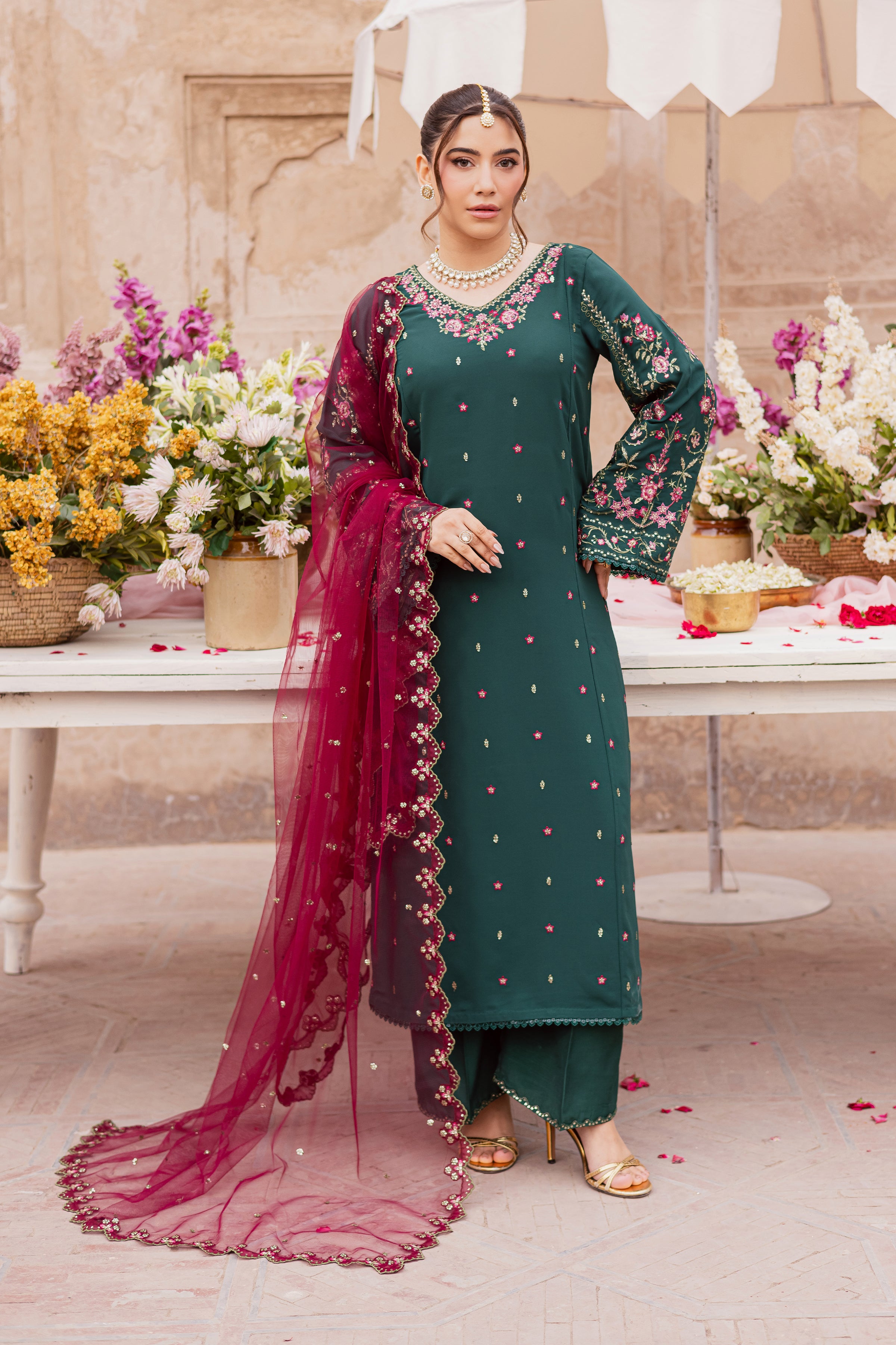 Neem 3Pc - Festive Luxe Pret BATIKSTUDIO2025 BATIK S / Forest Green / Georgette-M / Forest Green / Georgette-L / Forest Green / Georgette
