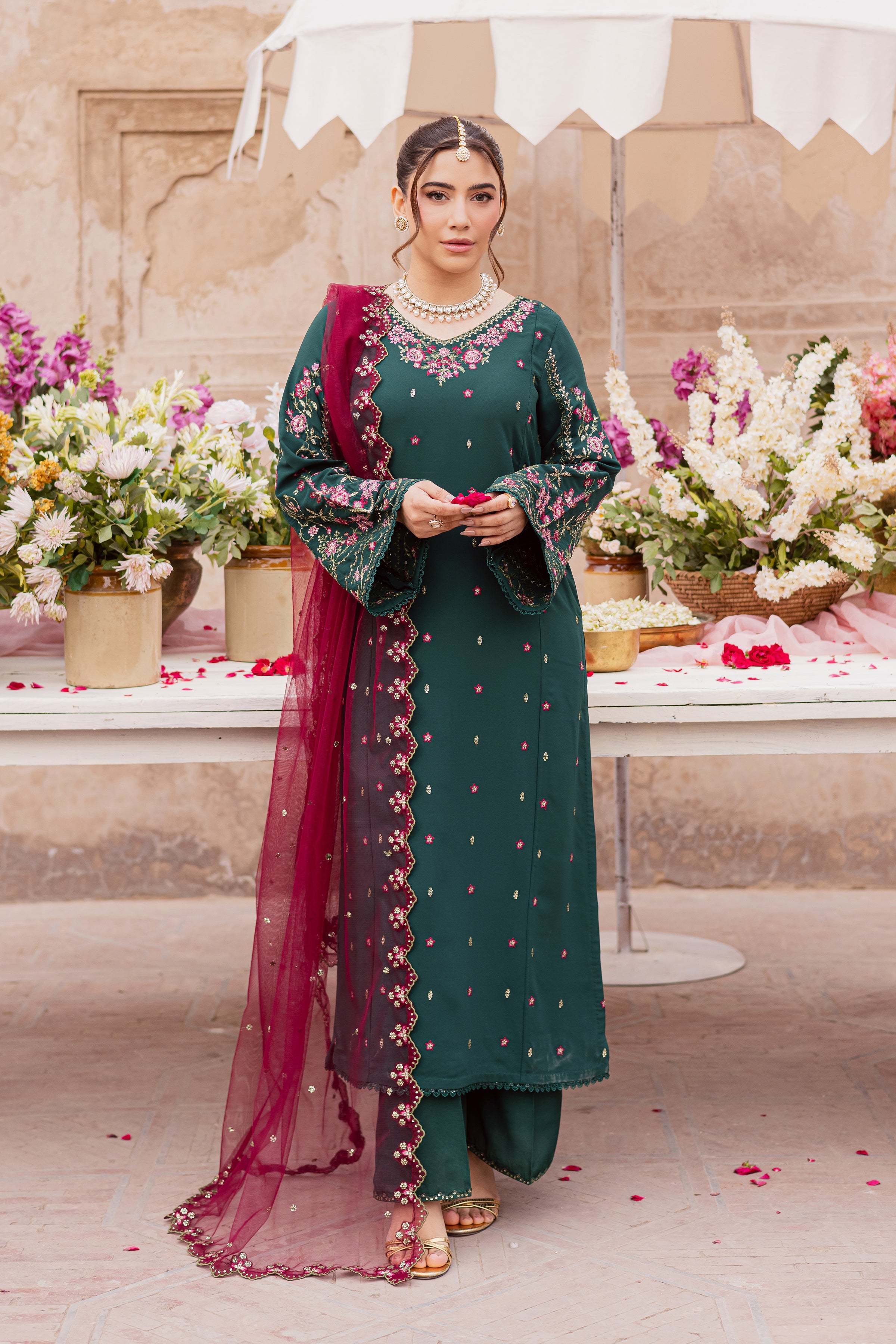 Neem 3Pc - Festive Luxe Pret BATIKSTUDIO2025 BATIK S / Forest Green / Georgette-M / Forest Green / Georgette-L / Forest Green / Georgette