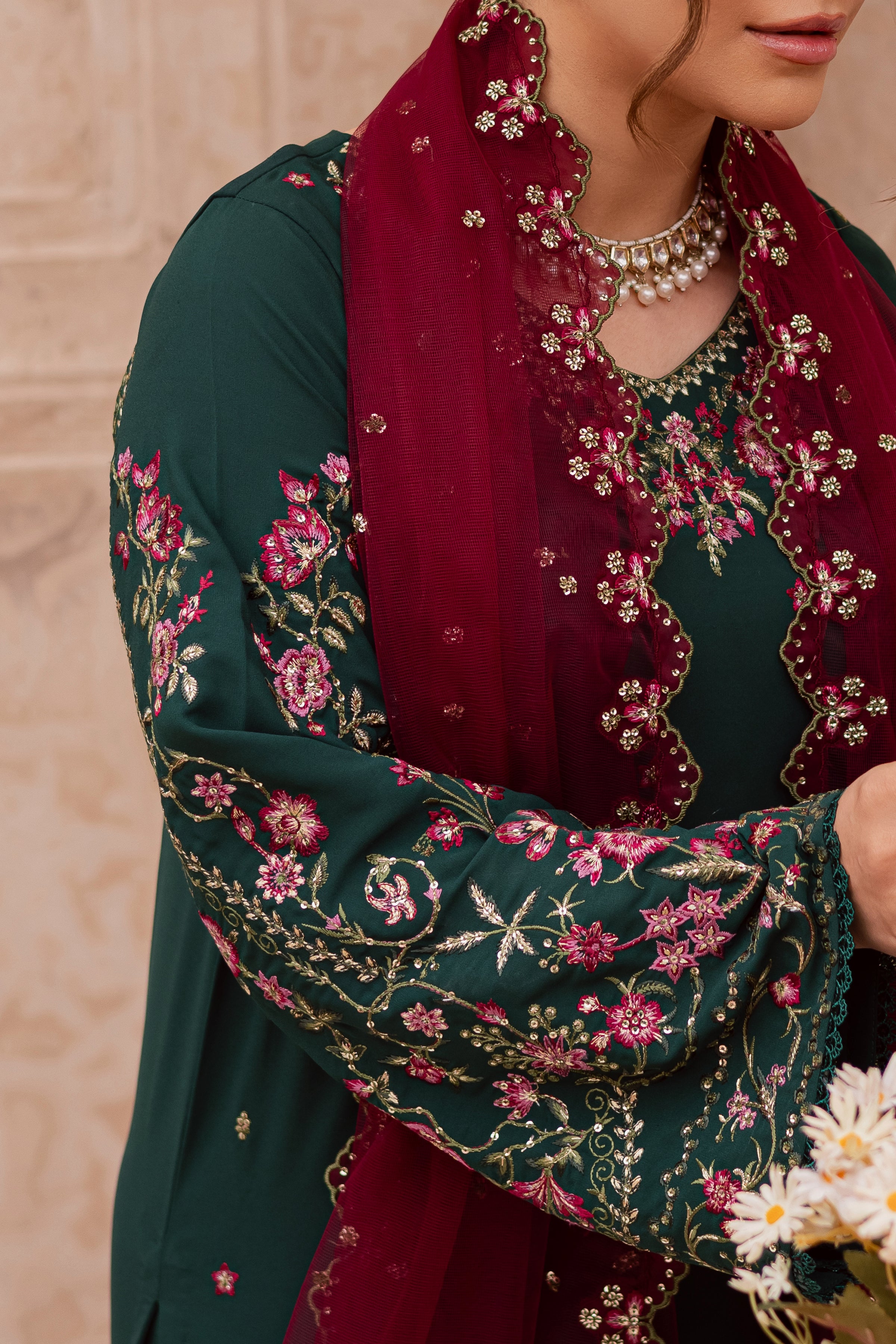 Neem 3Pc - Festive Luxe Pret BATIKSTUDIO2025 BATIK S / Forest Green / Georgette-M / Forest Green / Georgette-L / Forest Green / Georgette