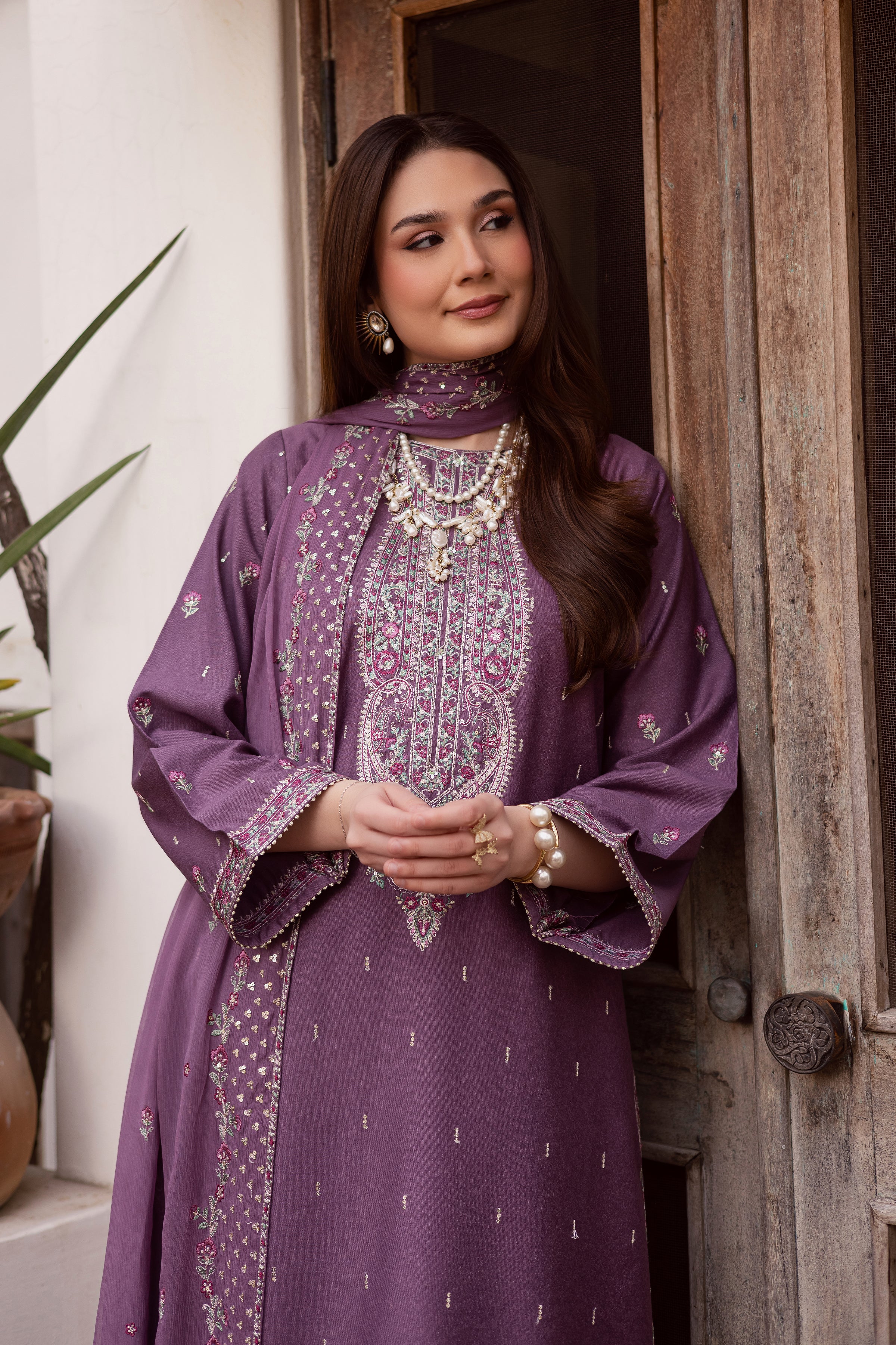 Neha 3Pc - Embroidered Festive Pret BATIK WINTER PRET 2025 BATIK XS / Mauve / Textured Cotton-S / Mauve / Textured Cotton-M / Mauve / Textured Cotton-L / Mauve / Textured Cotton-XL / Mauve / Textured Cotton