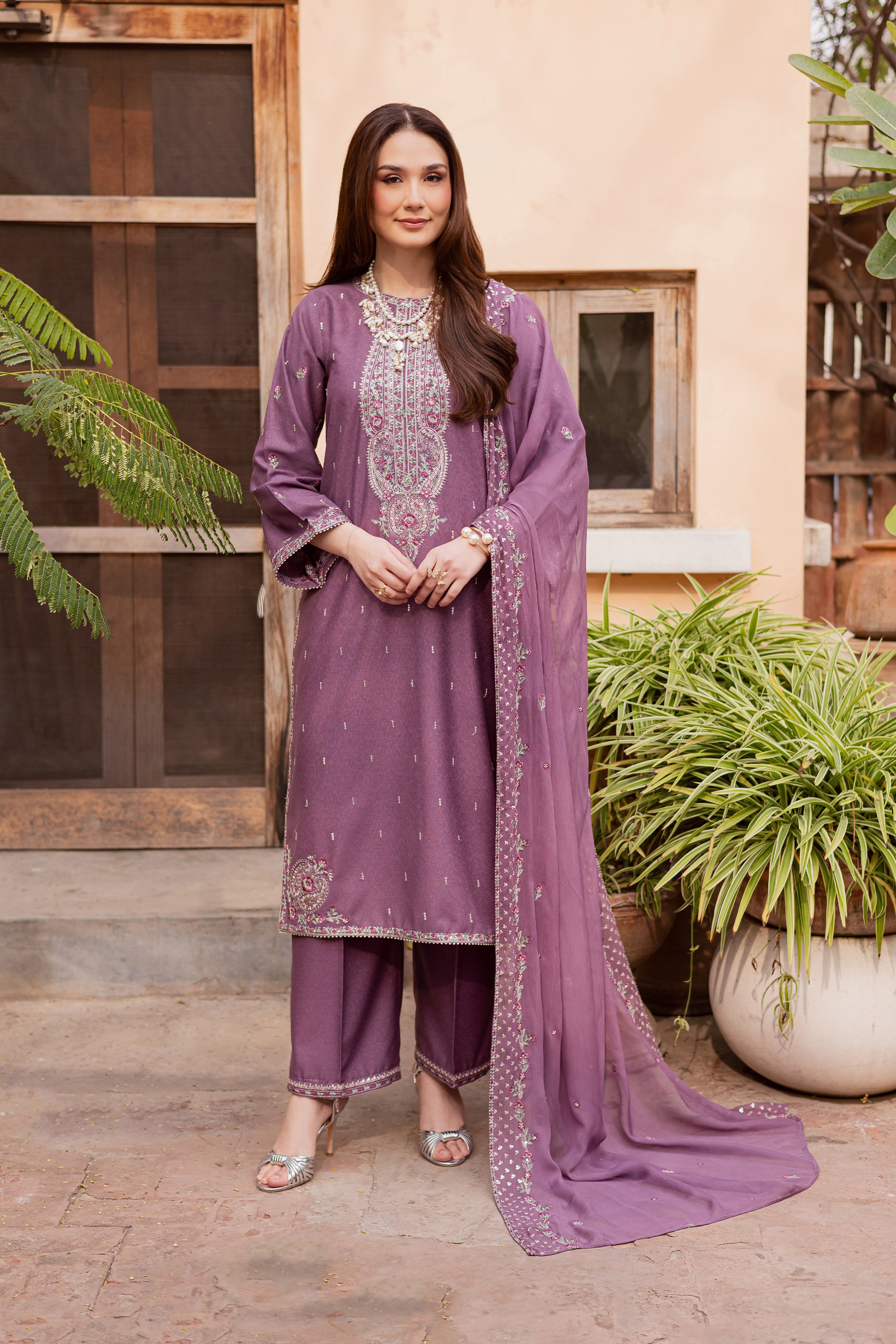 Neha 3Pc - Embroidered Festive Pret BATIK WINTER PRET 2025 BATIK XS / Mauve / Textured Cotton-S / Mauve / Textured Cotton-M / Mauve / Textured Cotton-L / Mauve / Textured Cotton-XL / Mauve / Textured Cotton