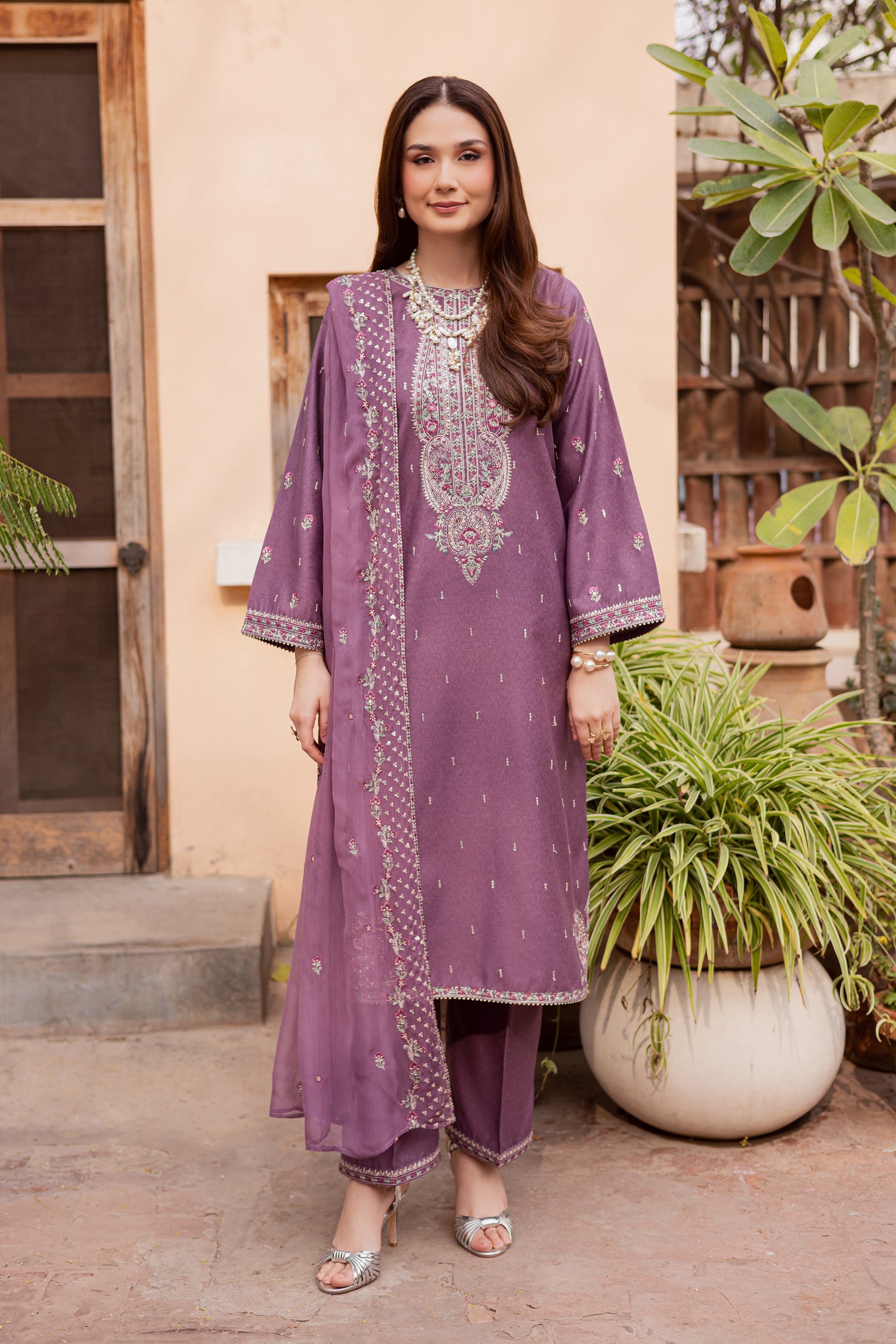 Neha 3Pc - Embroidered Festive Pret BATIK WINTER PRET 2025 BATIK XS / Mauve / Textured Cotton-S / Mauve / Textured Cotton-M / Mauve / Textured Cotton-L / Mauve / Textured Cotton-XL / Mauve / Textured Cotton