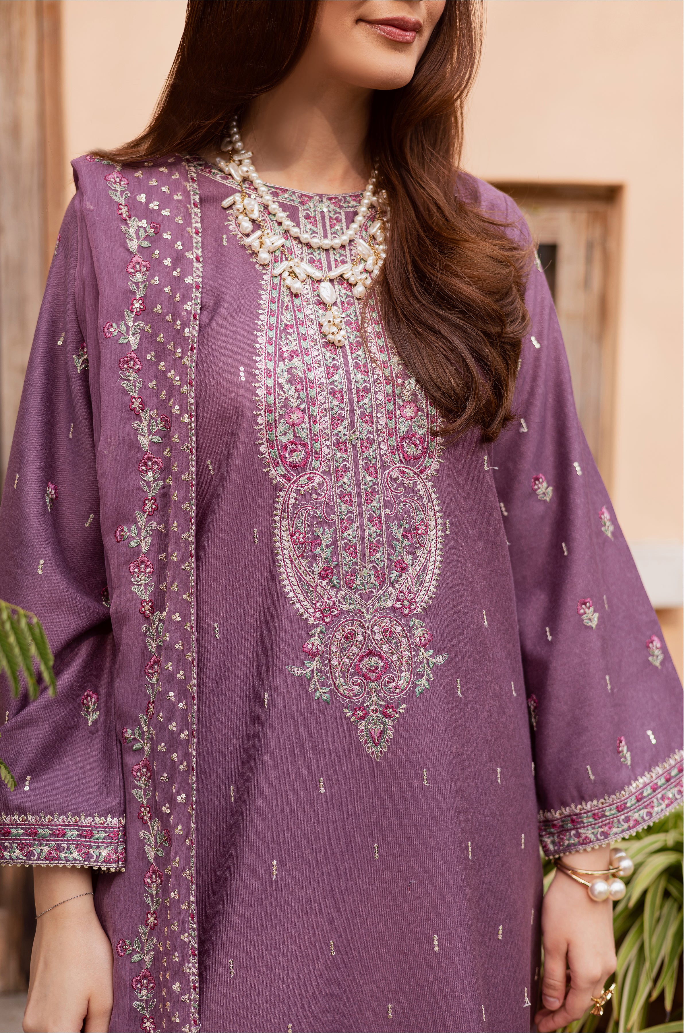 Neha 3Pc - Embroidered Festive Pret BATIK WINTER PRET 2025 BATIK XS / Mauve / Textured Cotton-S / Mauve / Textured Cotton-M / Mauve / Textured Cotton-L / Mauve / Textured Cotton-XL / Mauve / Textured Cotton